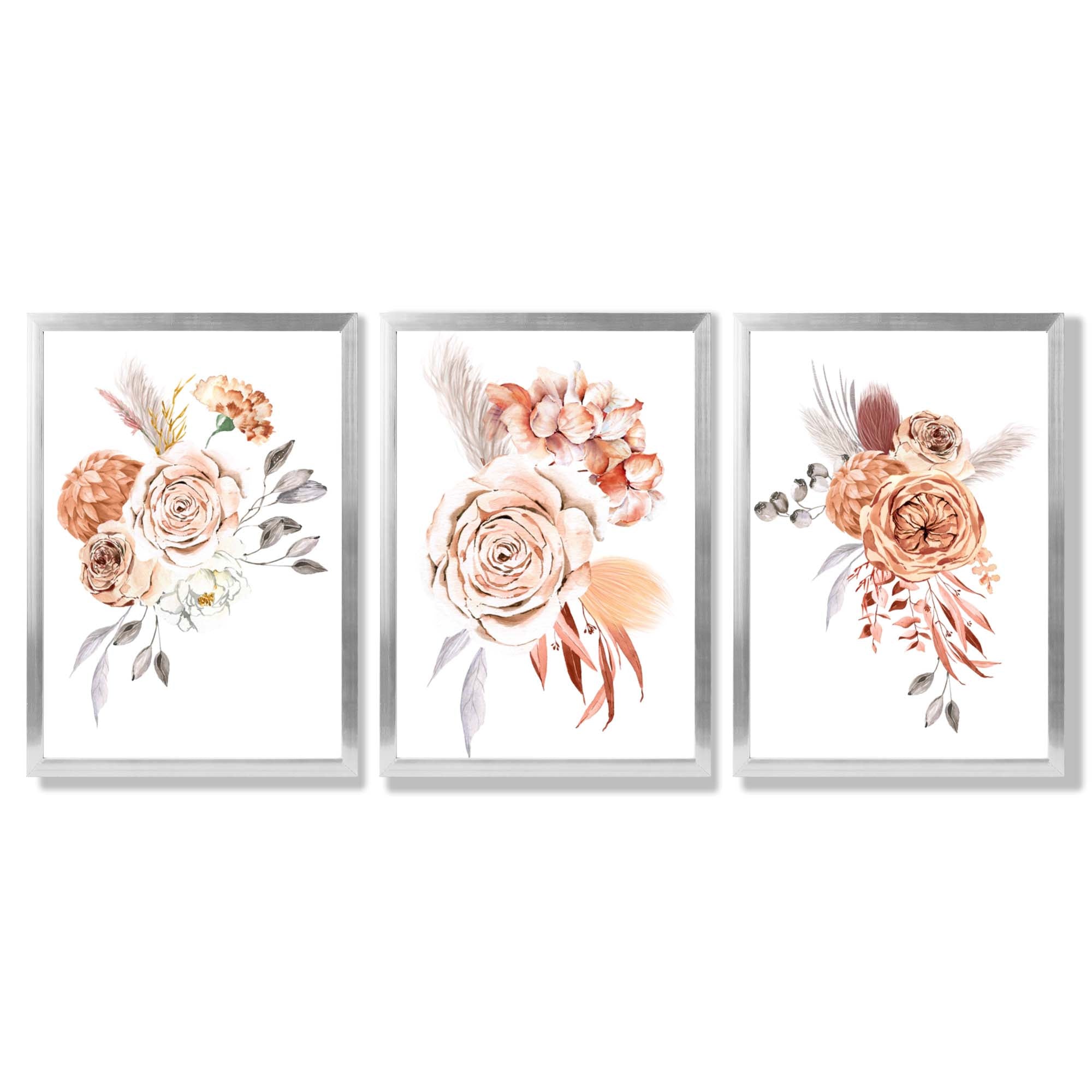 Set of 3 Caramel Roses Floral Framed Art Prints with Silver Wood Frames