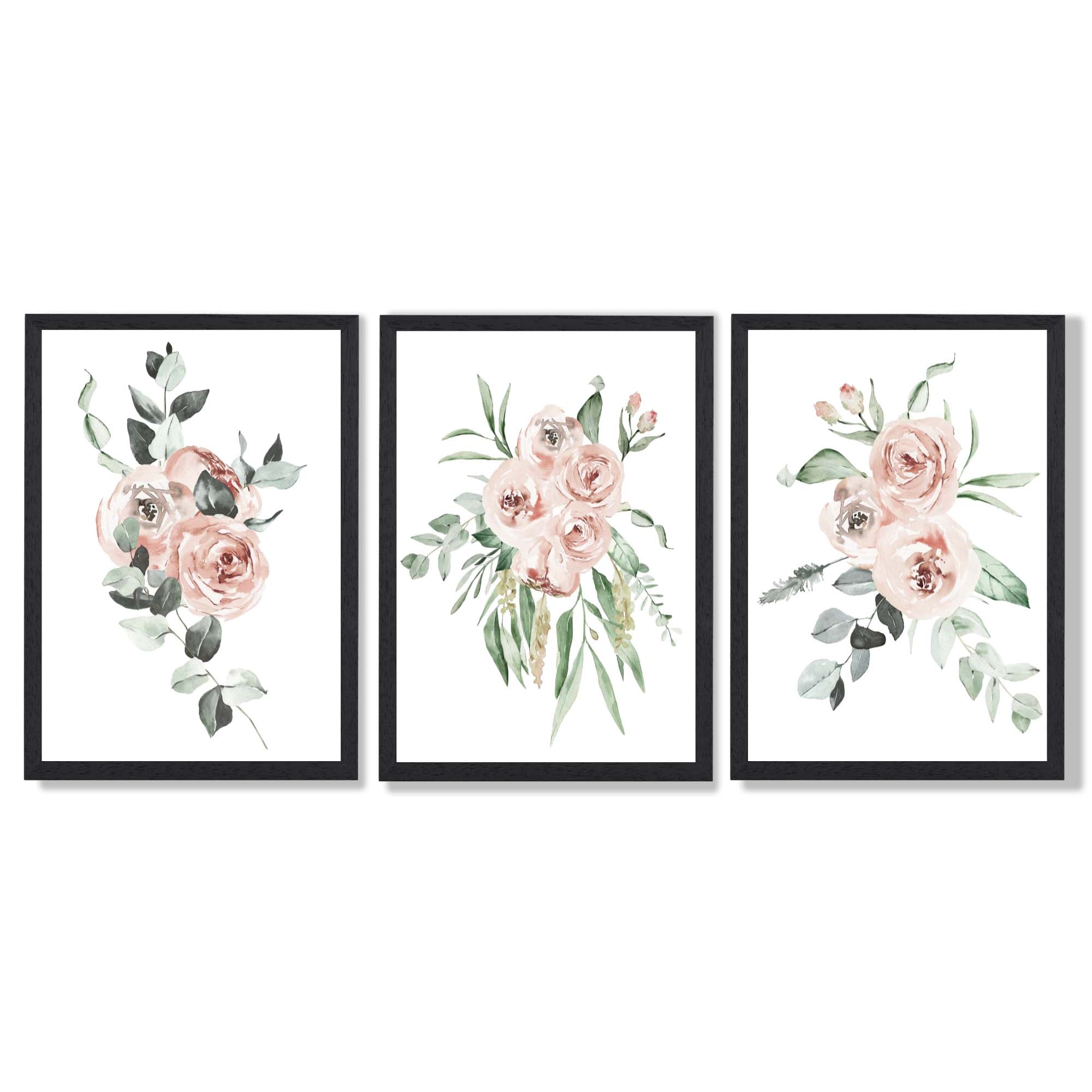 Set of 3 Dusty Pink Roses Floral Framed Art Prints with Black Wooden Frames