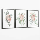 Set of 3 Dusty Pink Roses Floral Canvas Art Prints with Grey Float Frame