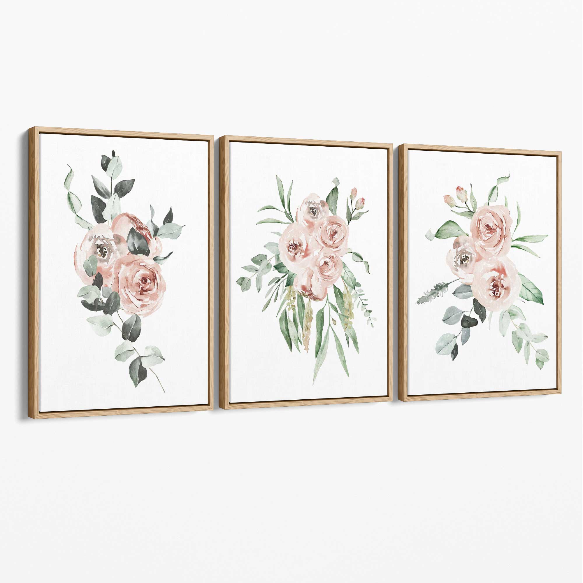 Set of 3 Dusty Pink Roses Floral Canvas Art Prints with Oak Float Frame