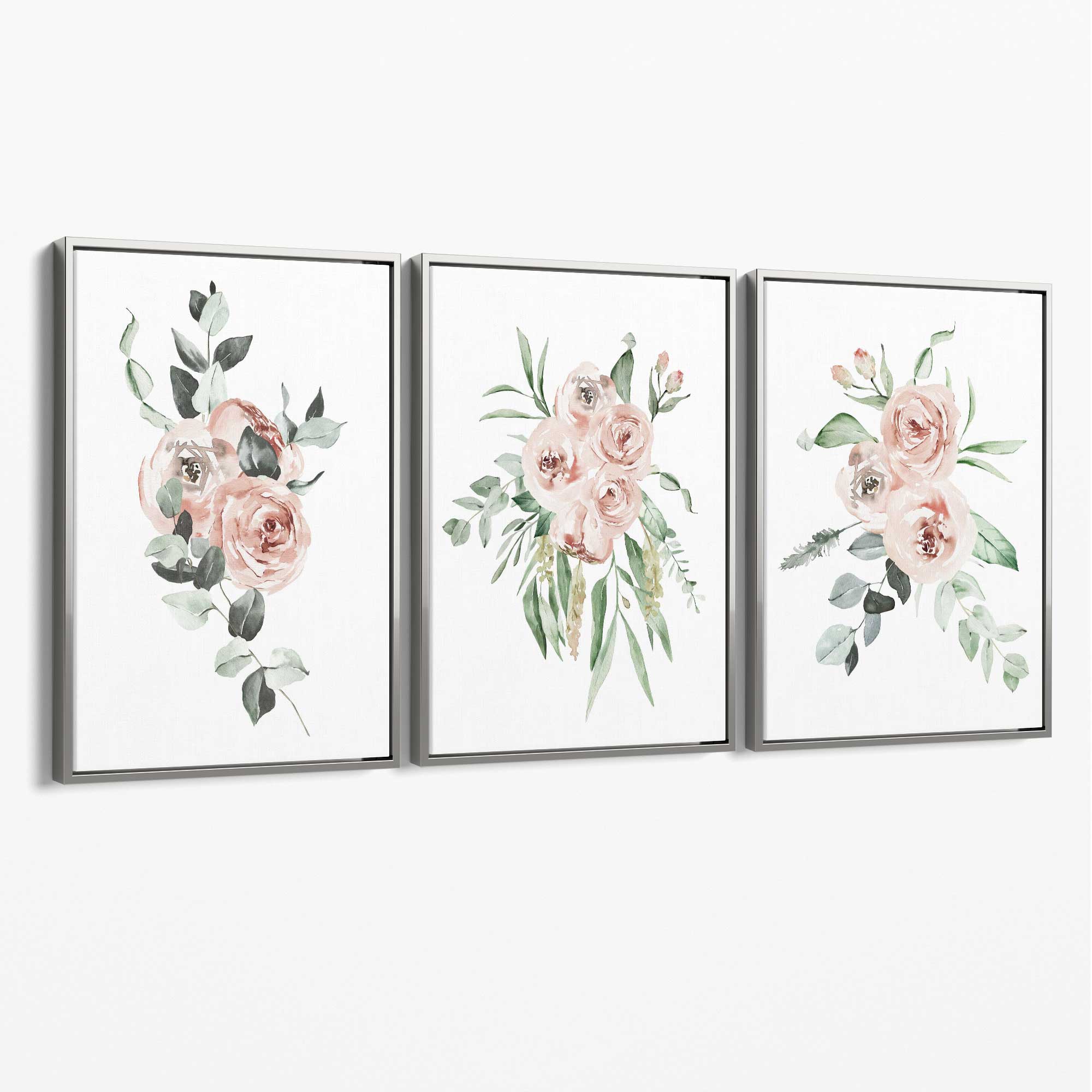 Set of 3 Dusty Pink Roses Floral Canvas Art Prints with Silver Float Frame
