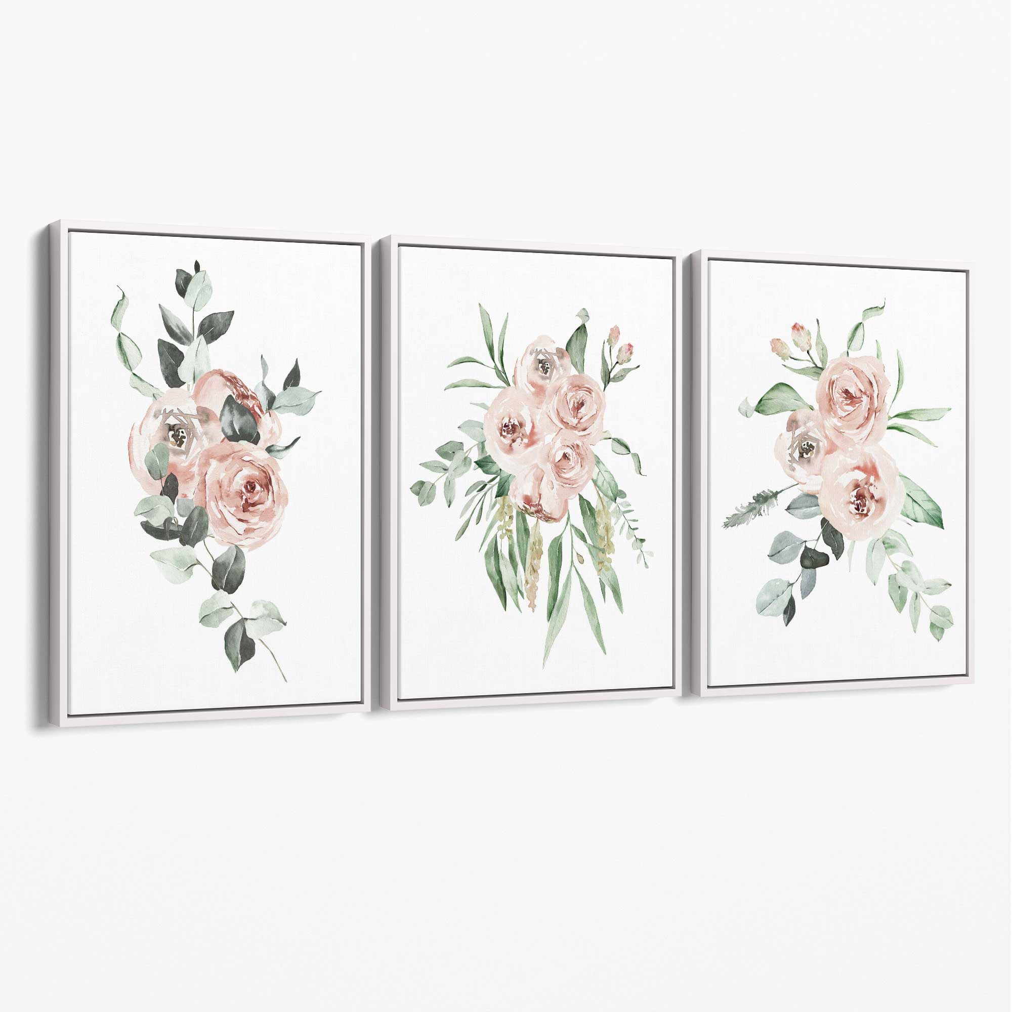 Set of 3 Dusty Pink Roses Floral Canvas Art Prints with White Float Frame