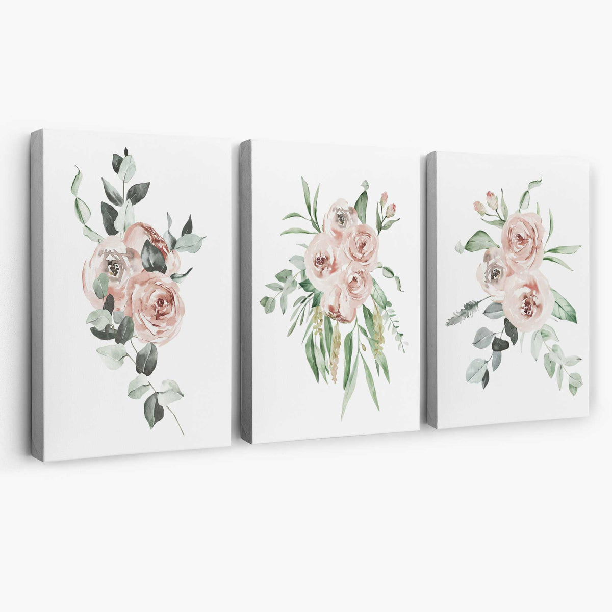 Set of 3 Dusty Pink Roses Floral Canvas Art Prints | Artze Wall Art UK
