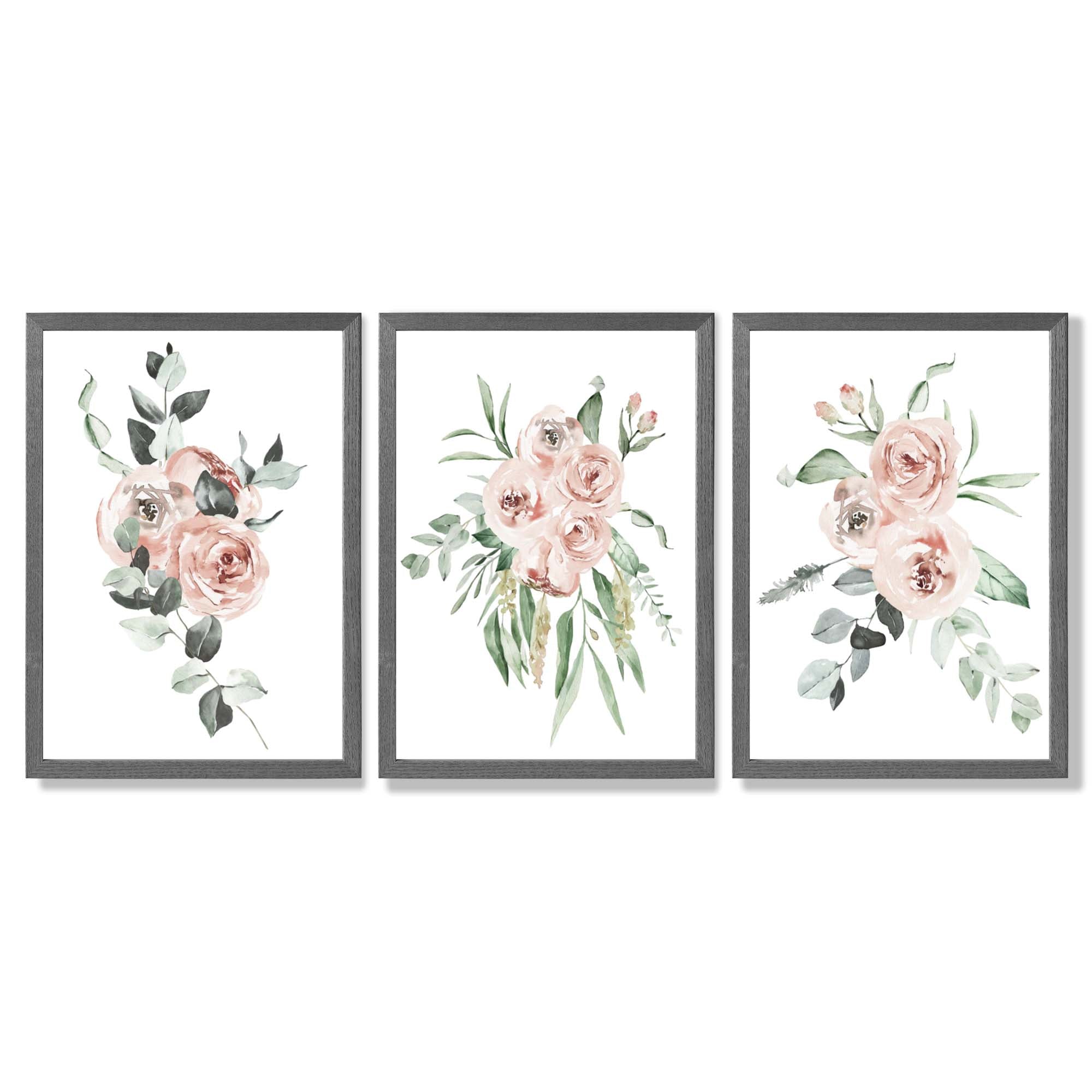 Set of 3 Dusty Pink Roses Floral Framed Art Prints with Dark Grey Wooden Frames
