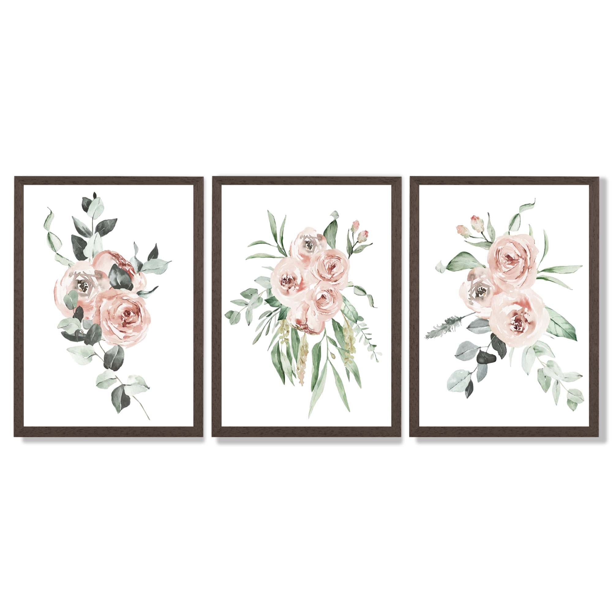 Set of 3 Dusty Pink Roses Floral Framed Art Prints with Dark Wood Frames