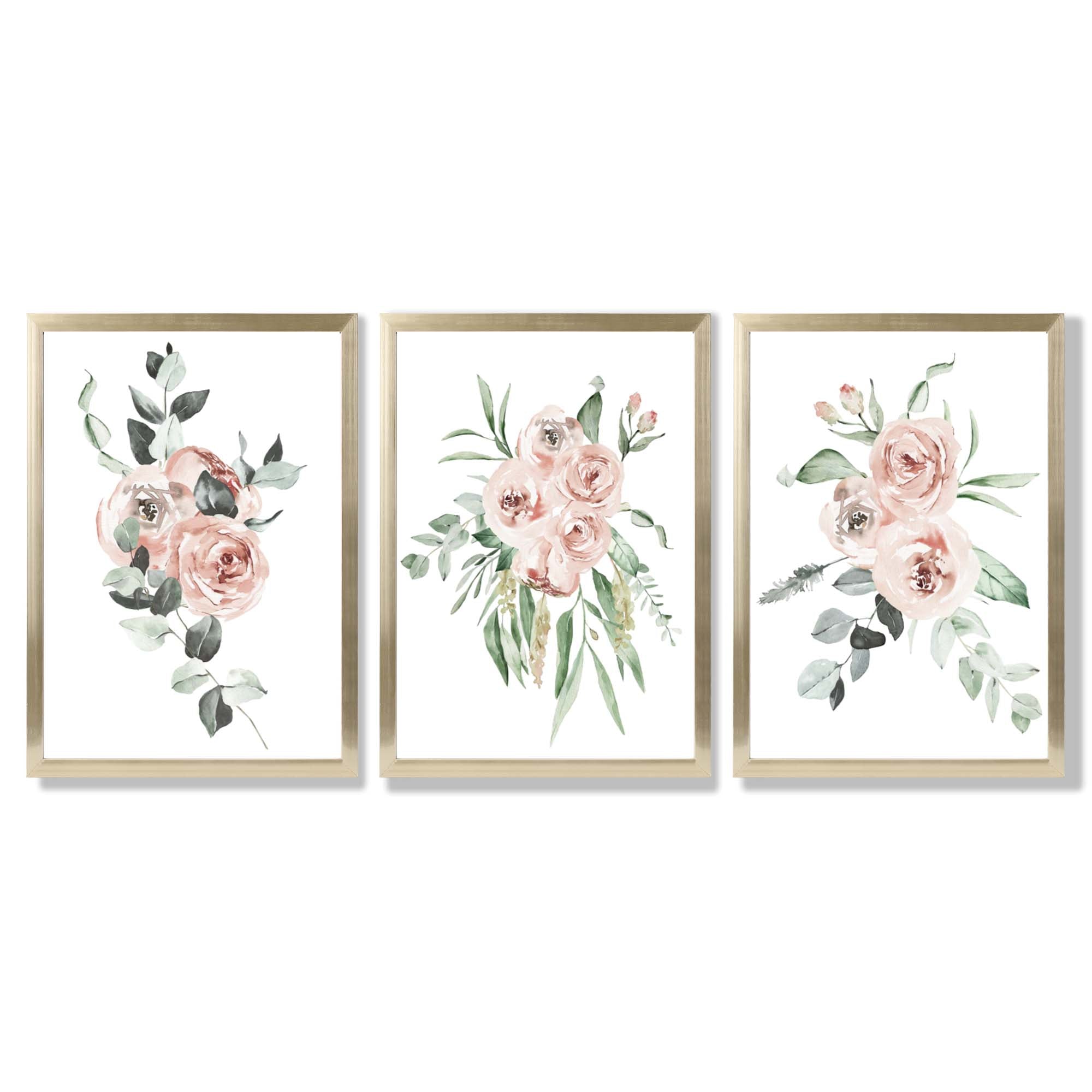 Set of 3 Dusty Pink Roses Floral Framed Art Prints with Gold Wood Frames