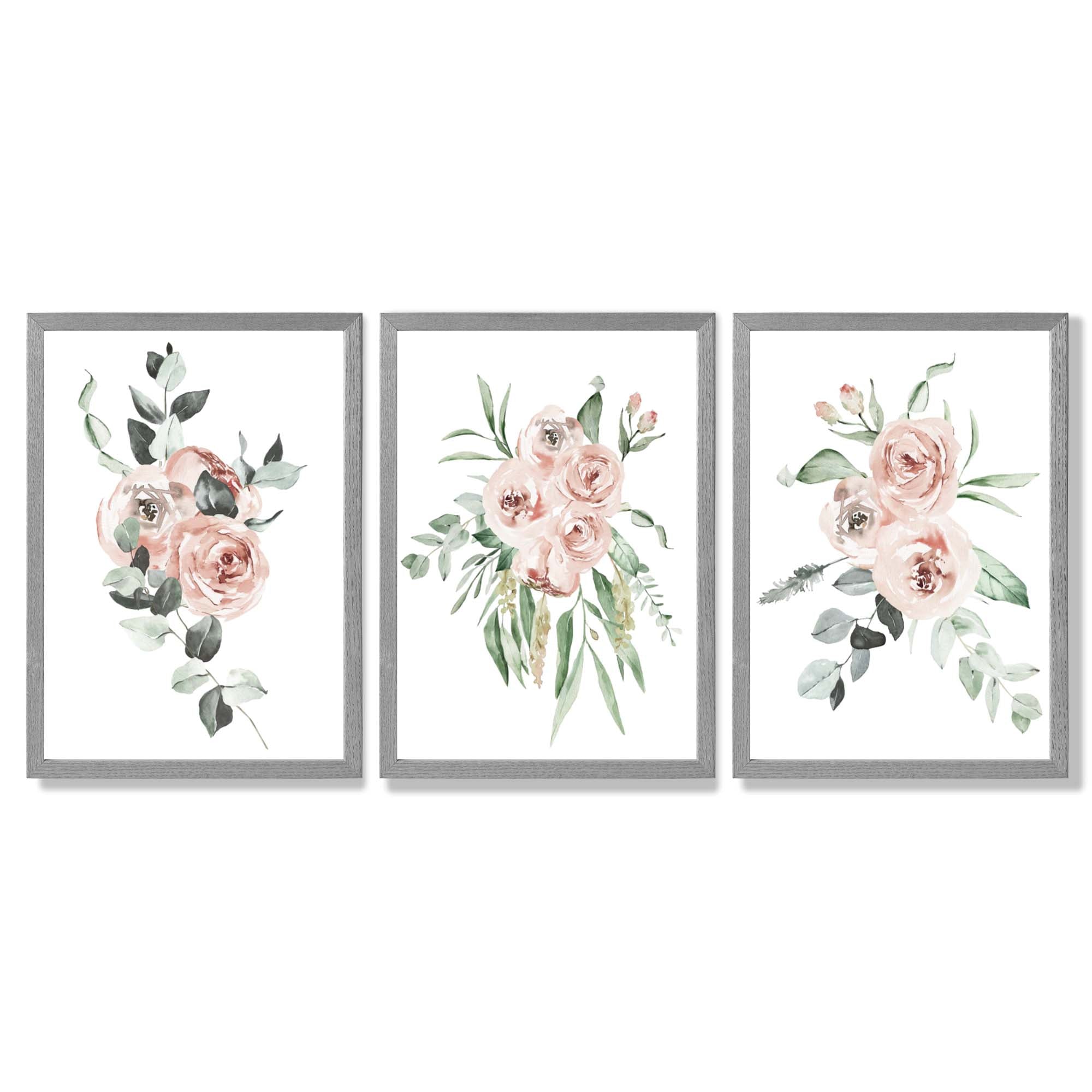 Set of 3 Dusty Pink Roses Floral Framed Art Prints with Light Grey Wooden Frames