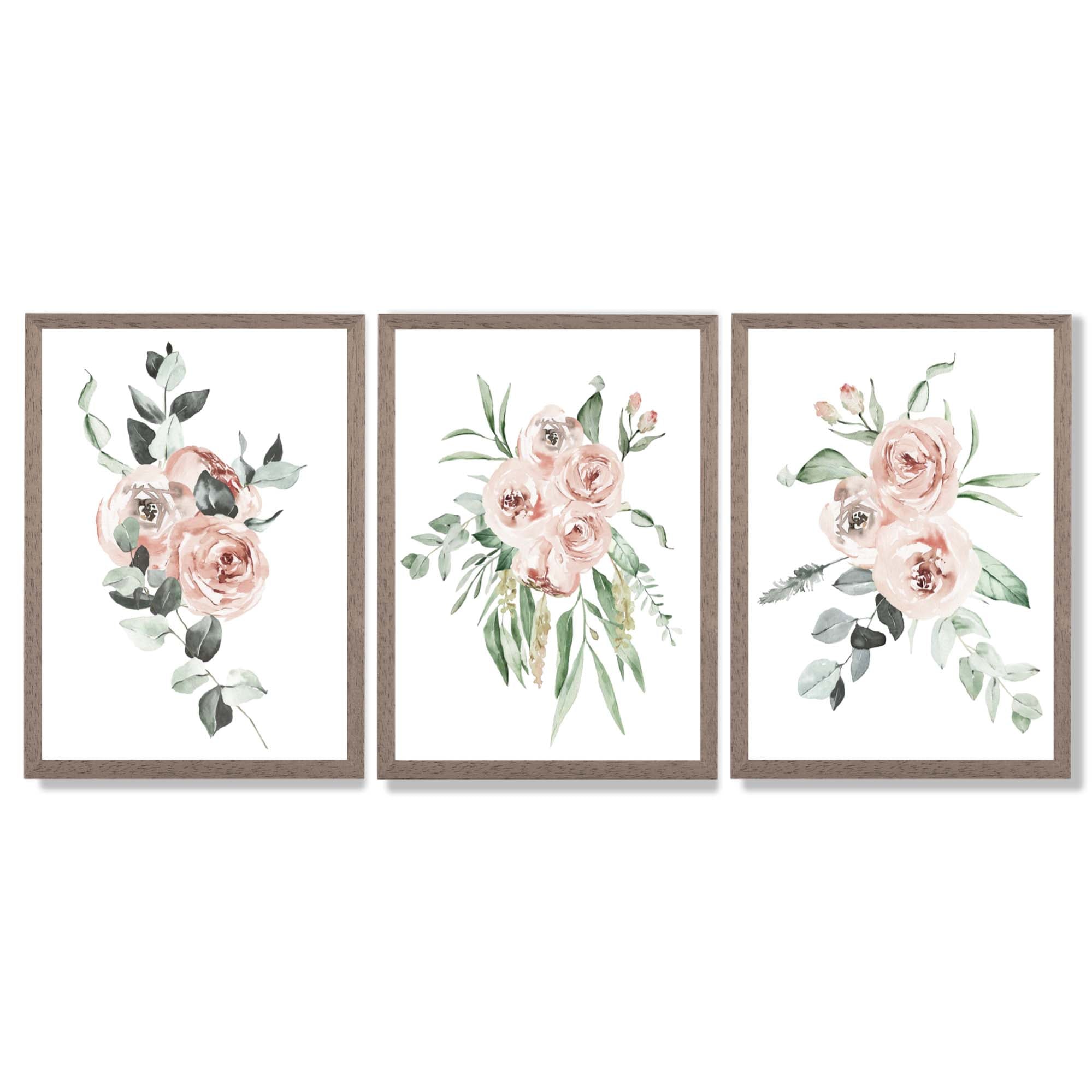 Set of 3 Dusty Pink Roses Floral Framed Art Prints with Light Walnut Frames