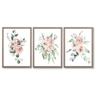 Set of 3 Dusty Pink Roses Floral Framed Art Prints with Light Walnut Frames