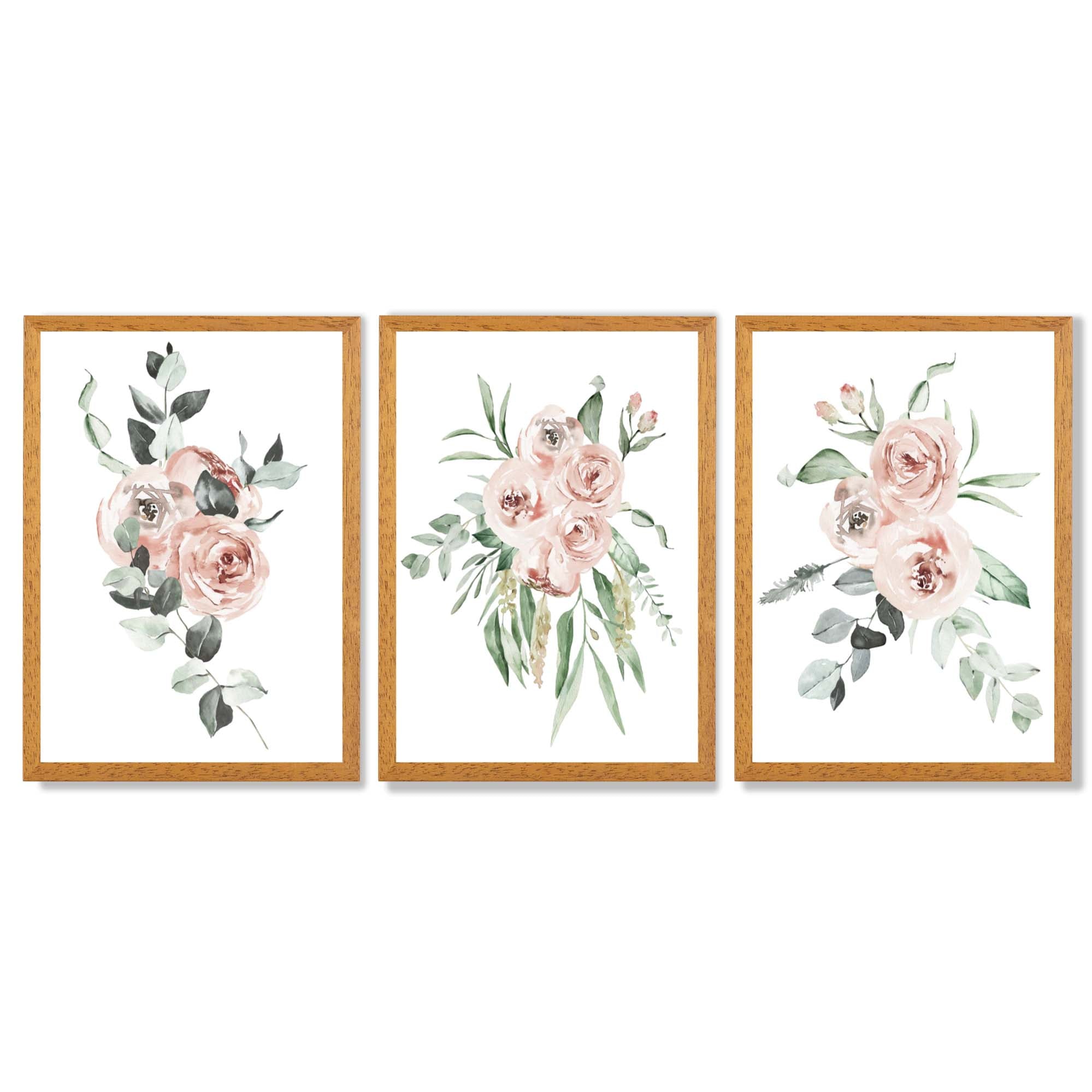 Set of 3 Dusty Pink Roses Floral Framed Art Prints with Oak Wooden Frames