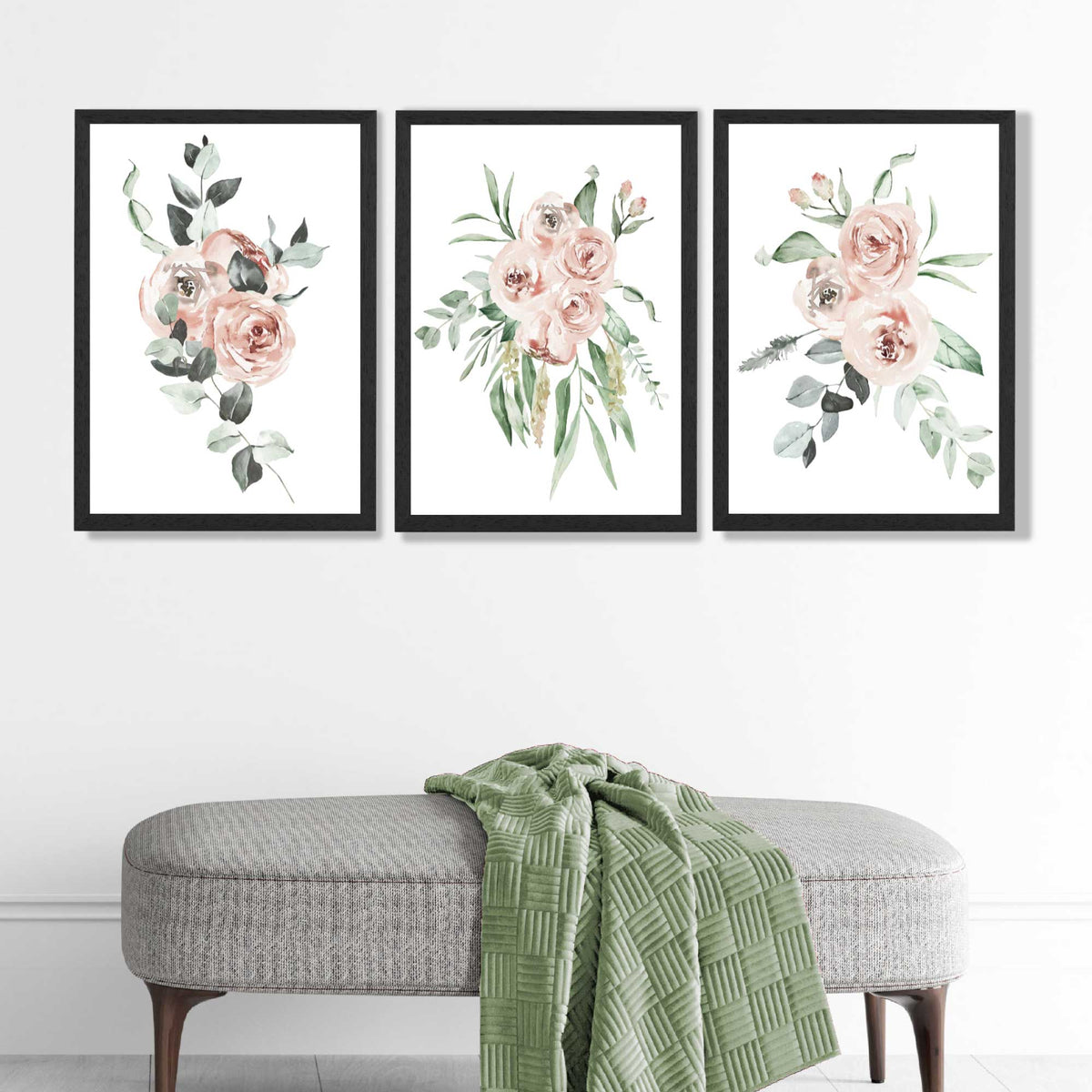 Set of 3 Dusty Pink Roses Floral Art Prints | Artze Wall Art UK