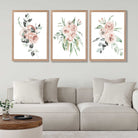 Set of 3 Dusty Pink Roses Floral Art Prints in Oak Frames | Artze UK