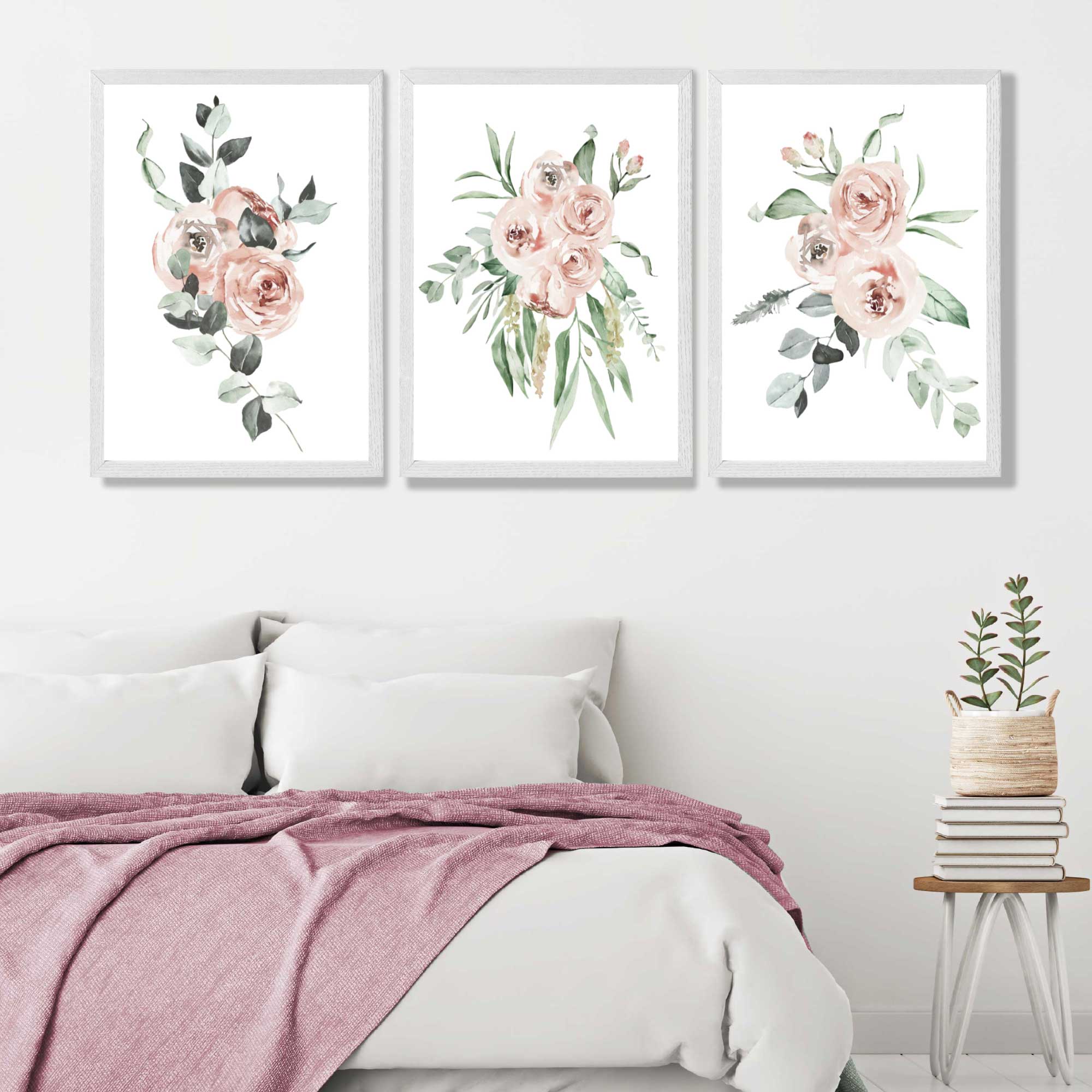 Set of 3 Dusty Pink Roses Floral Art Prints in White Frames | Artze UK