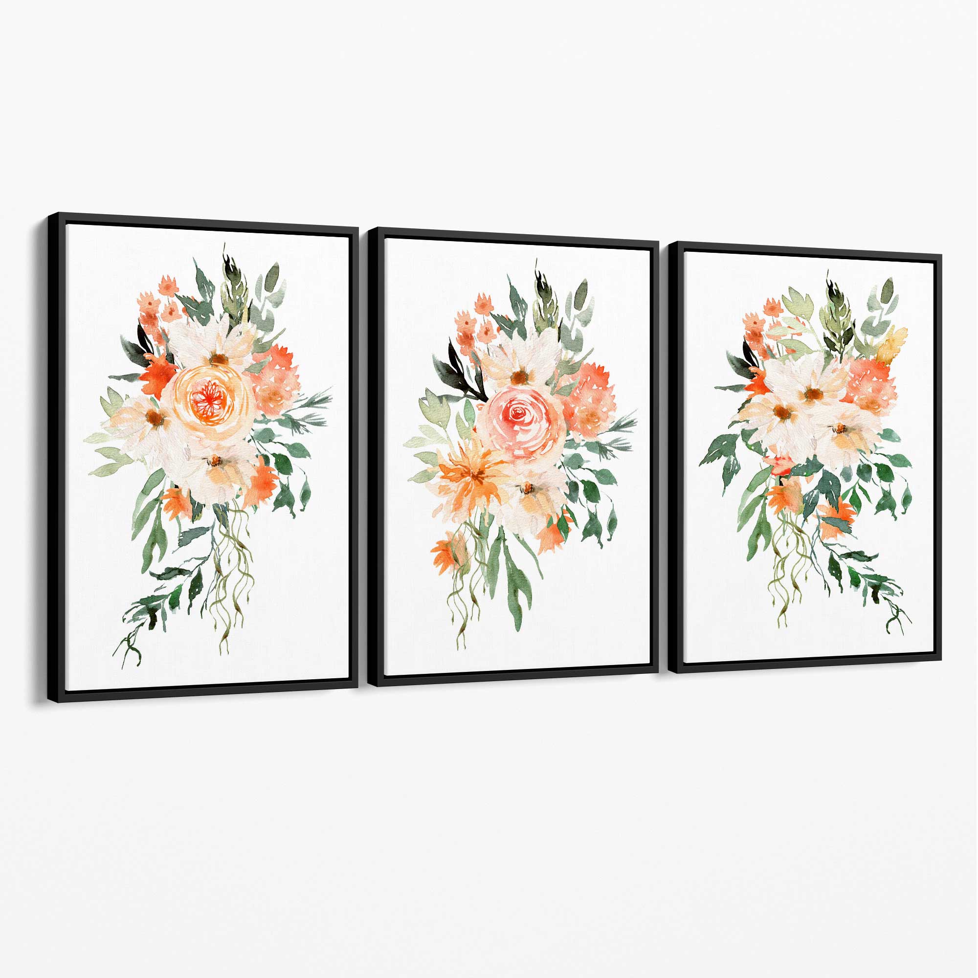 Set of 3 Orange Roses and Flowers Canvas Art Prints with Black Float Frame