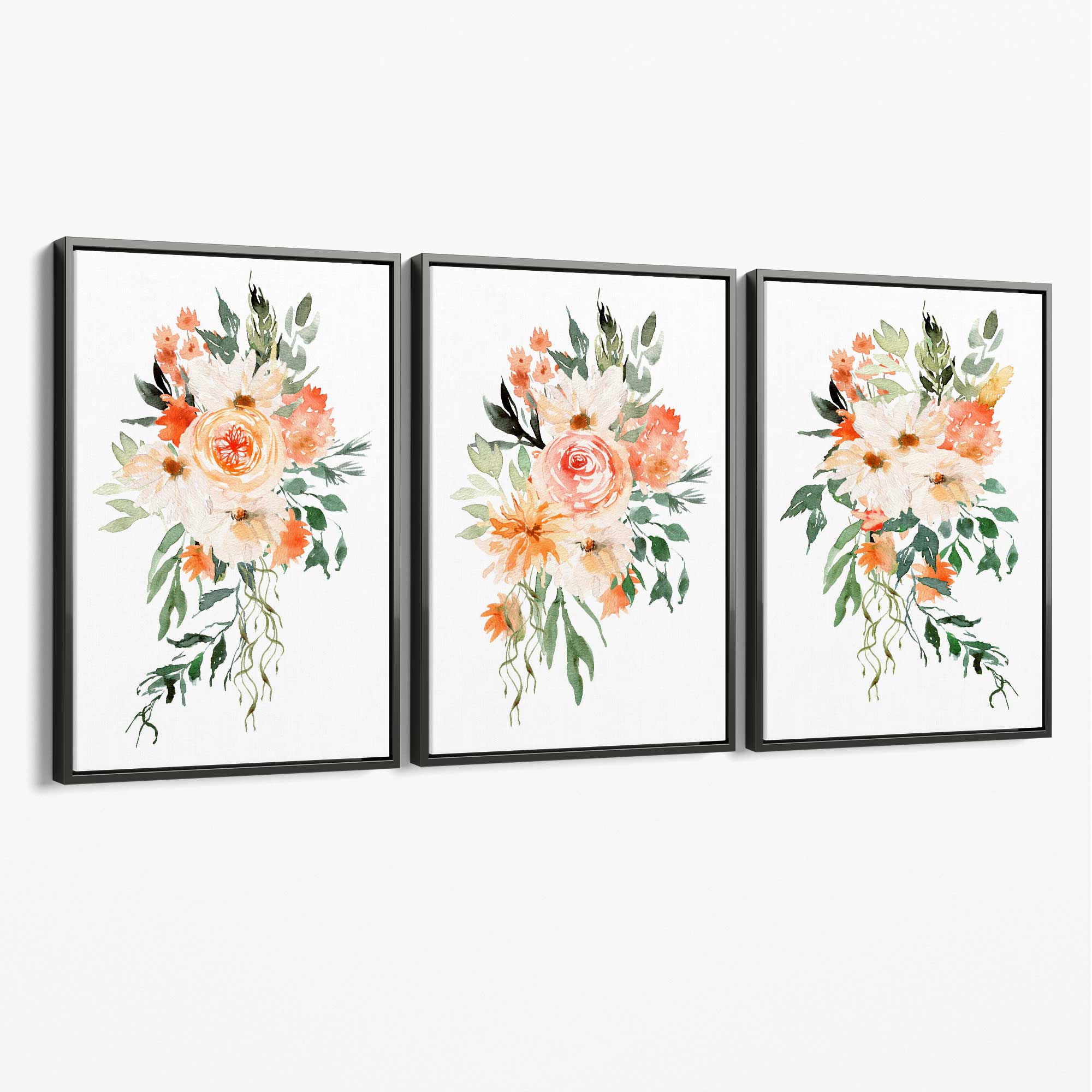 Set of 3 Orange Roses and Flowers Canvas Art Prints with Grey Float Frame