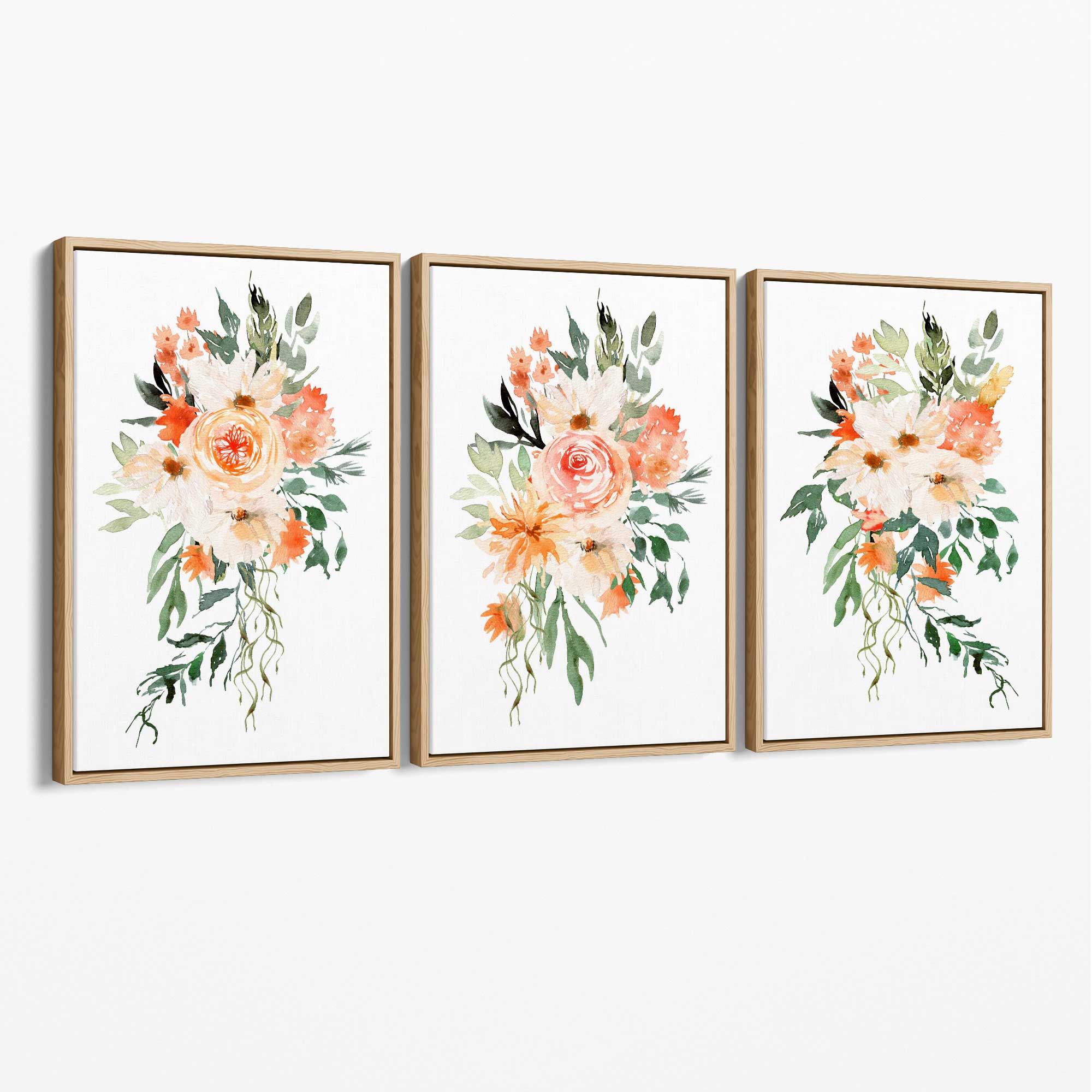 Set of 3 Orange Roses and Flowers Canvas Art Prints with Oak Float Frame