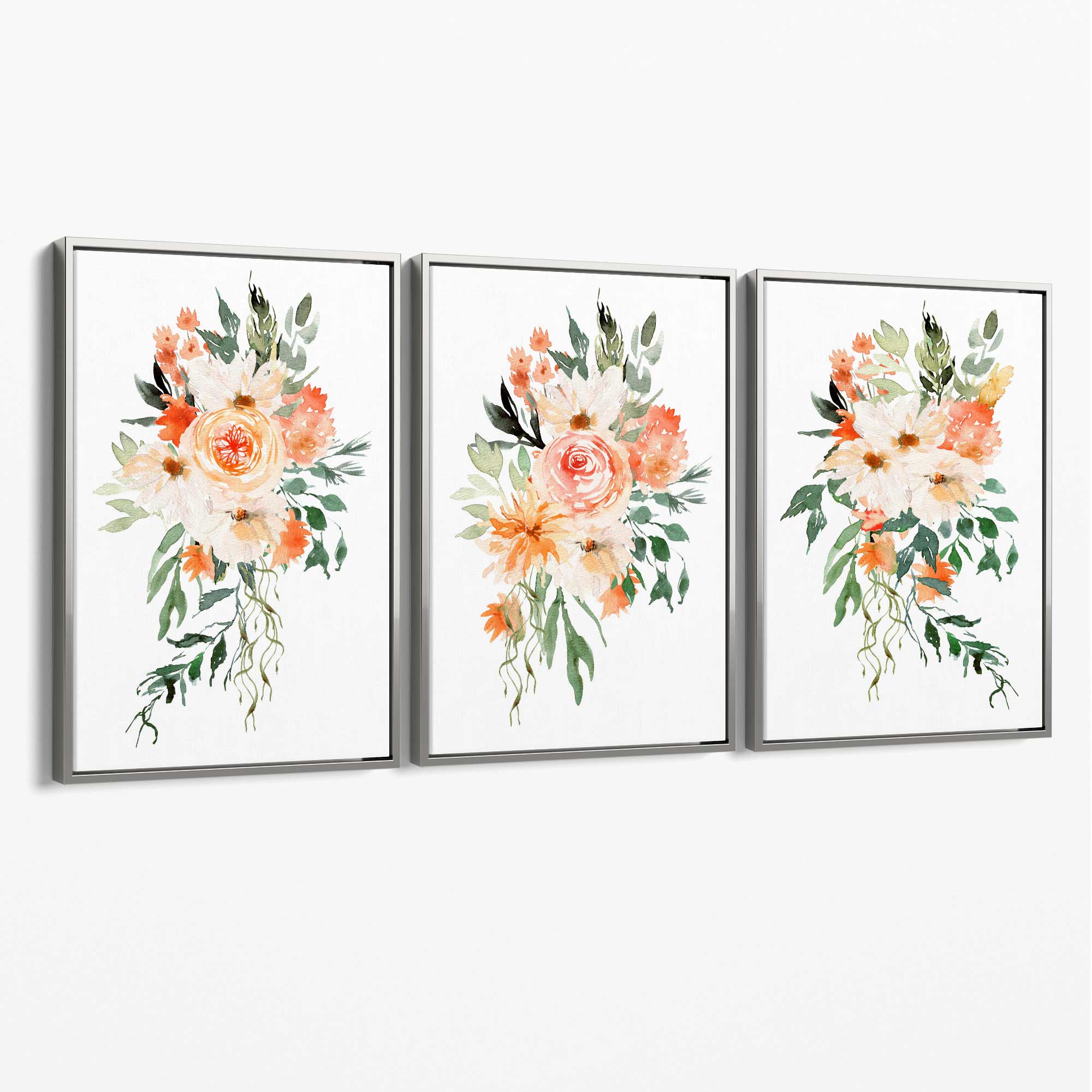 Set of 3 Orange Roses and Flowers Canvas Art Prints with Silver Float Frame