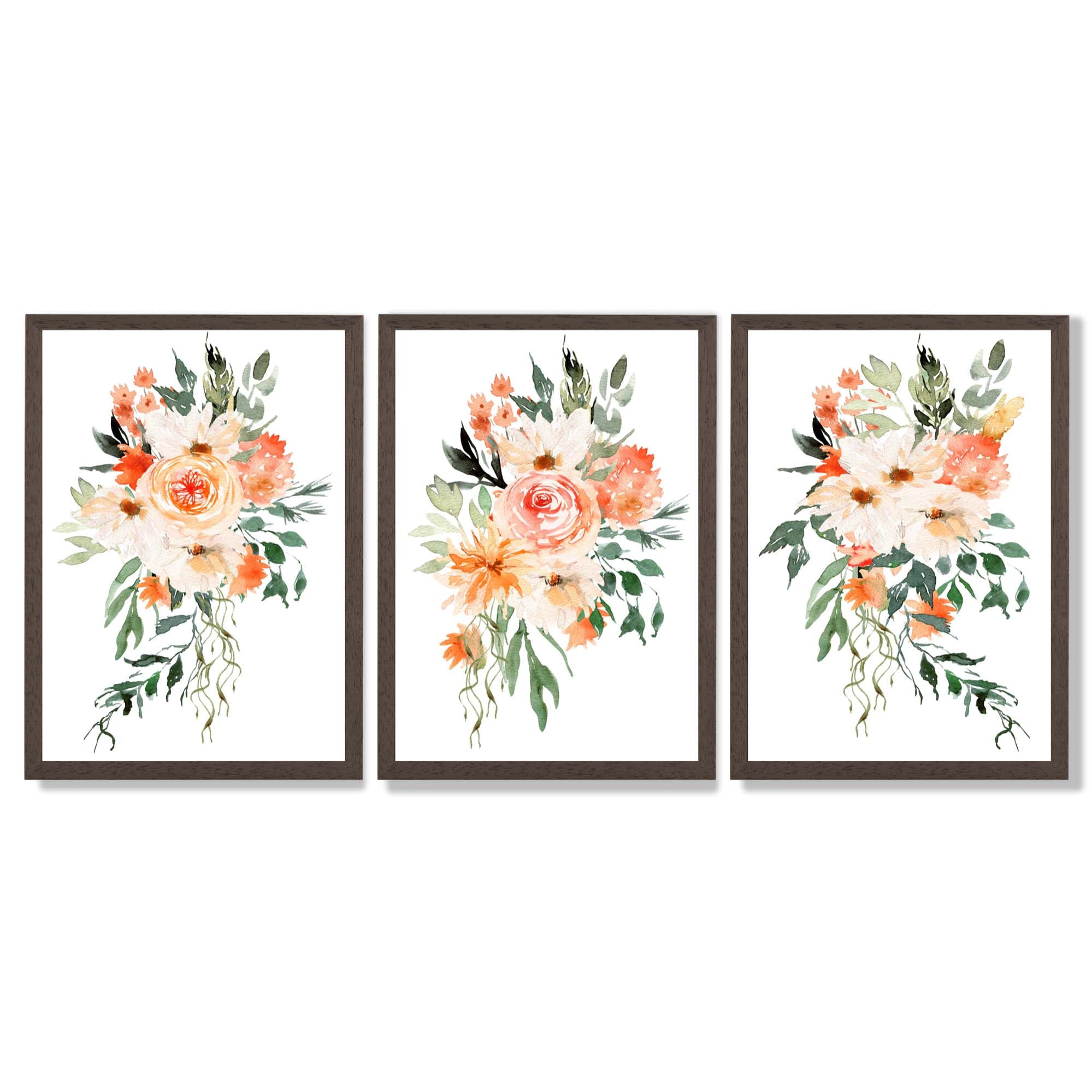 Set of 3 Orange Roses and Flowers Framed Art Prints with Dark Wood Frames