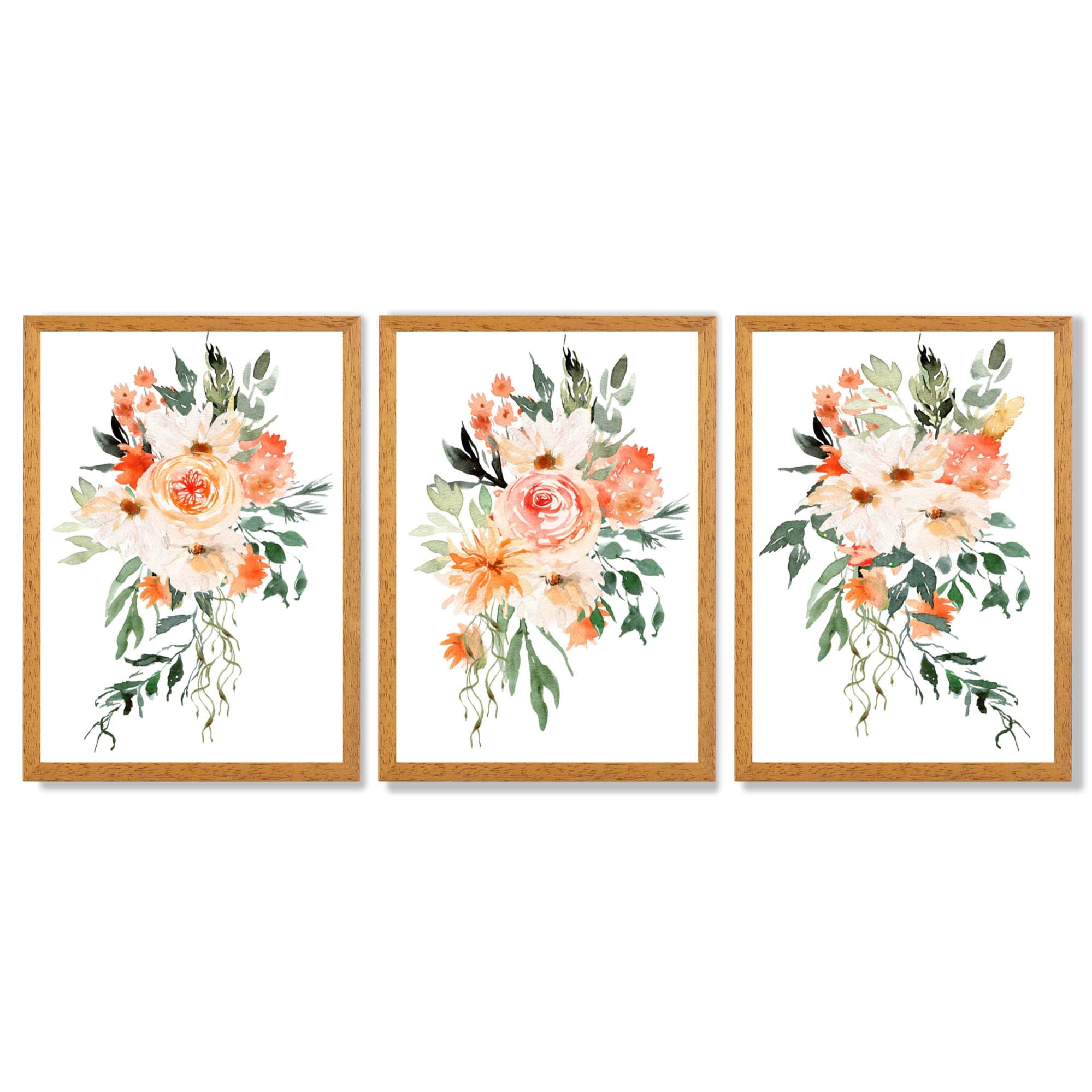 Set of 3 Orange Roses and Flowers Framed Art Prints with Oak Wooden Frames
