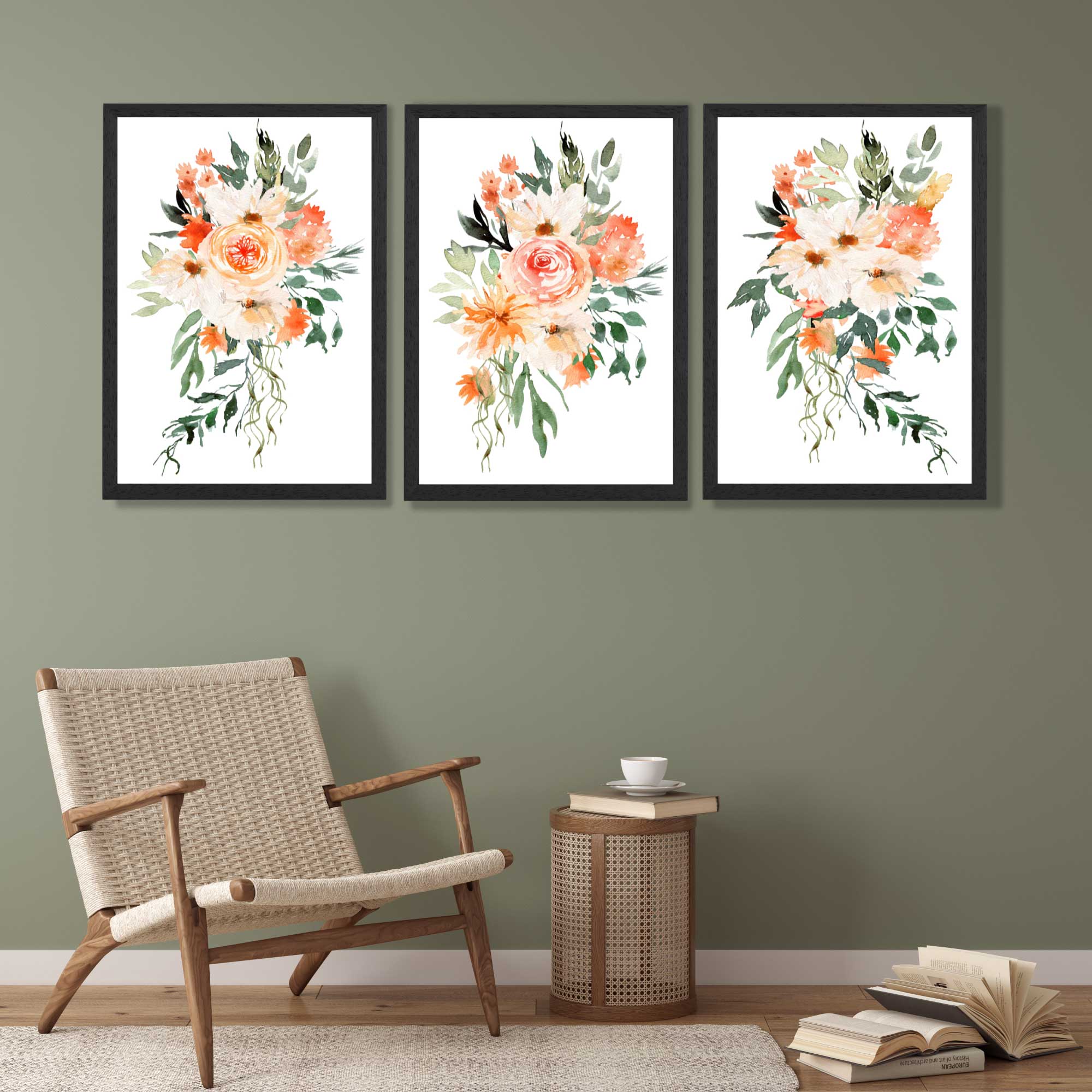 Set of 3 Orange Roses and Flowers Art Prints in Black Frames | Artze UK