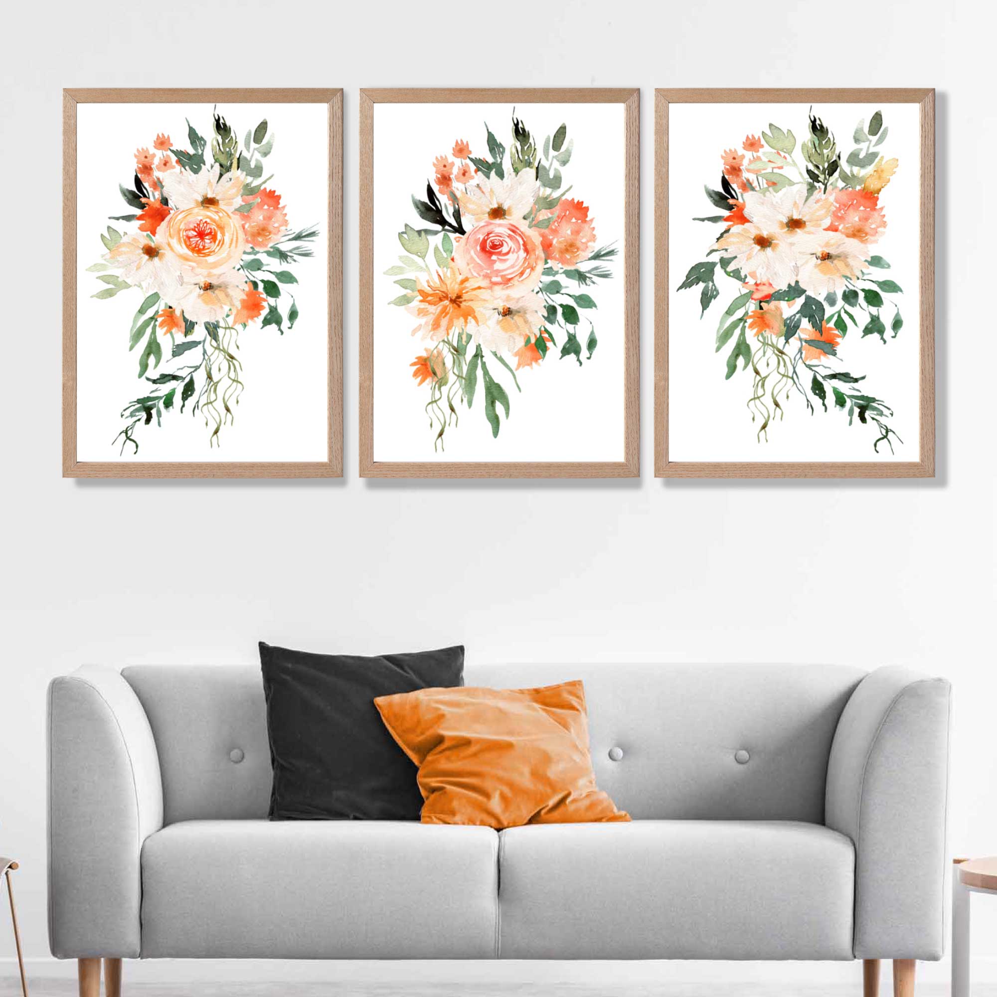 Set of 3 Orange Roses and Flowers Art Prints in Oak Frames | Artze UK