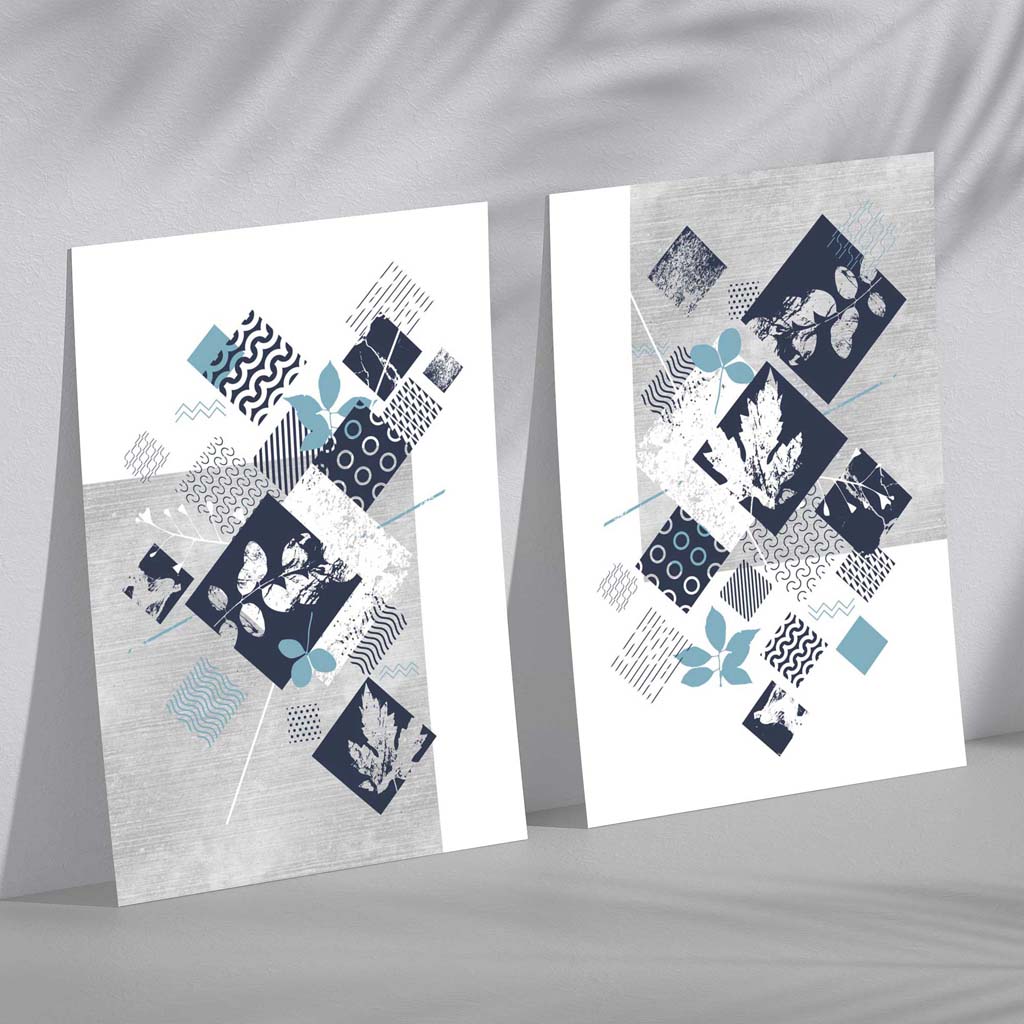 Blue and Grey Mixed Media Floral Set of 2 Art Prints