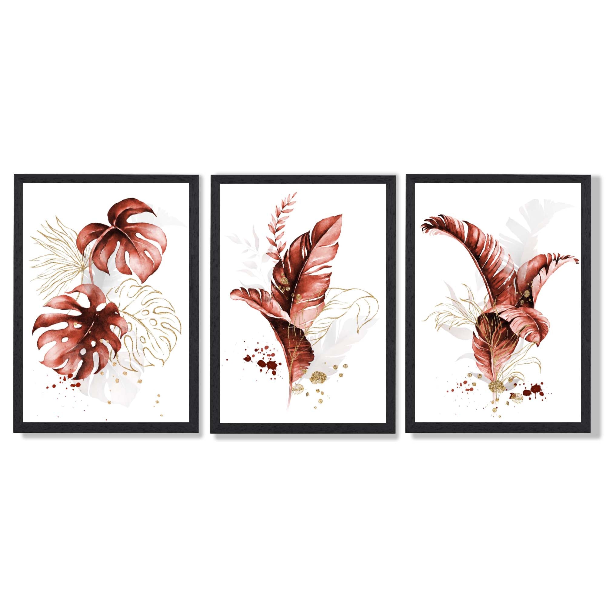 Set of 3 Terracotta Tropical Leaves Framed Art Prints with Black Wooden Frames