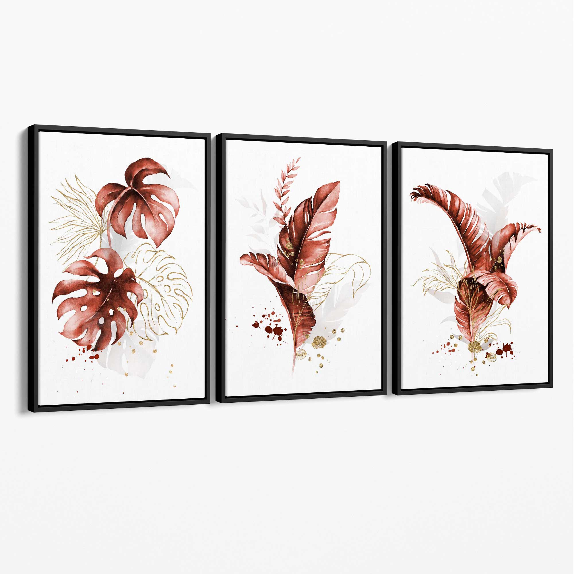 Set of 3 Terracotta Tropical Leaves Canvas Art Prints with Black Float Frame