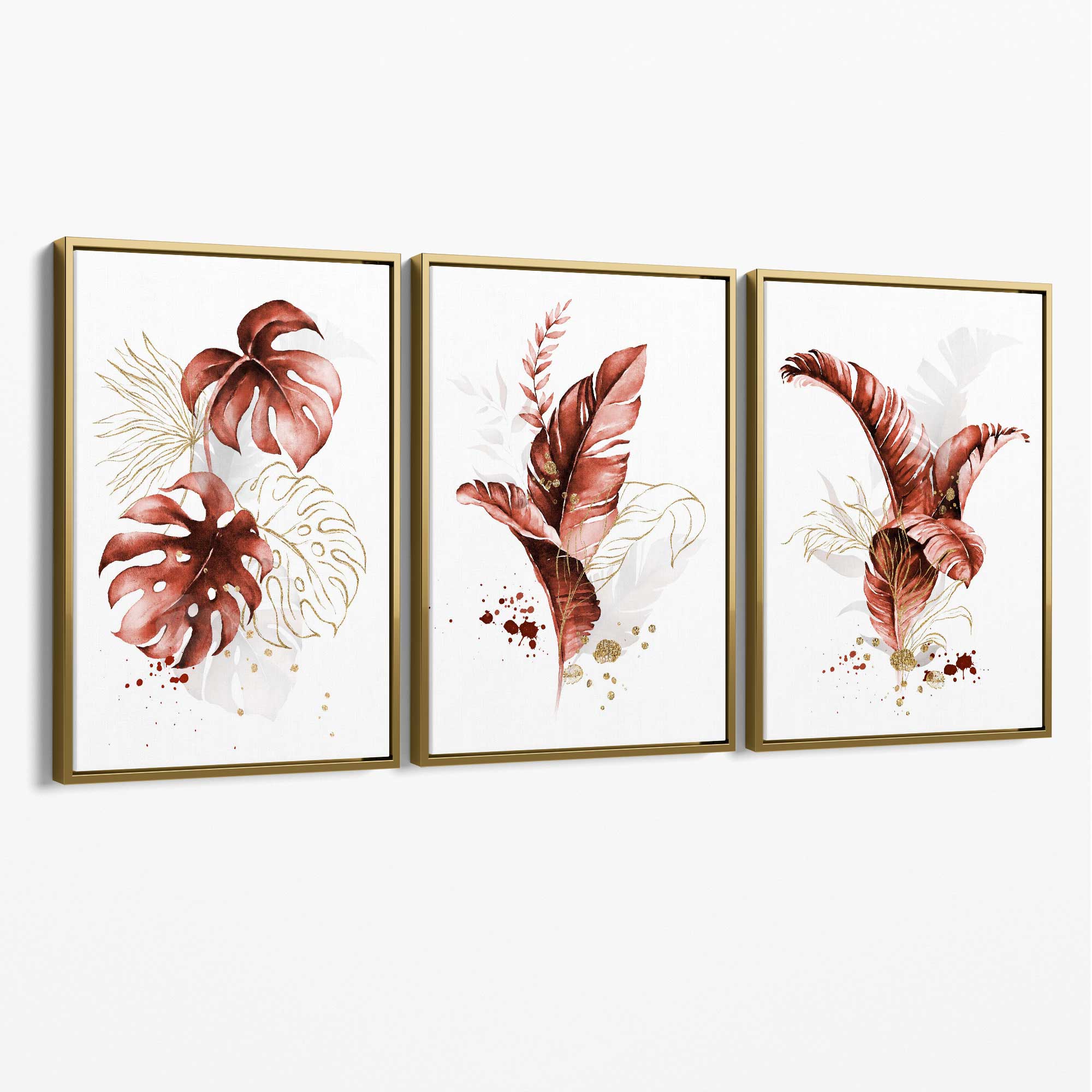 Set of 3 Terracotta Tropical Leaves Canvas Art Prints with Gold Float Frame