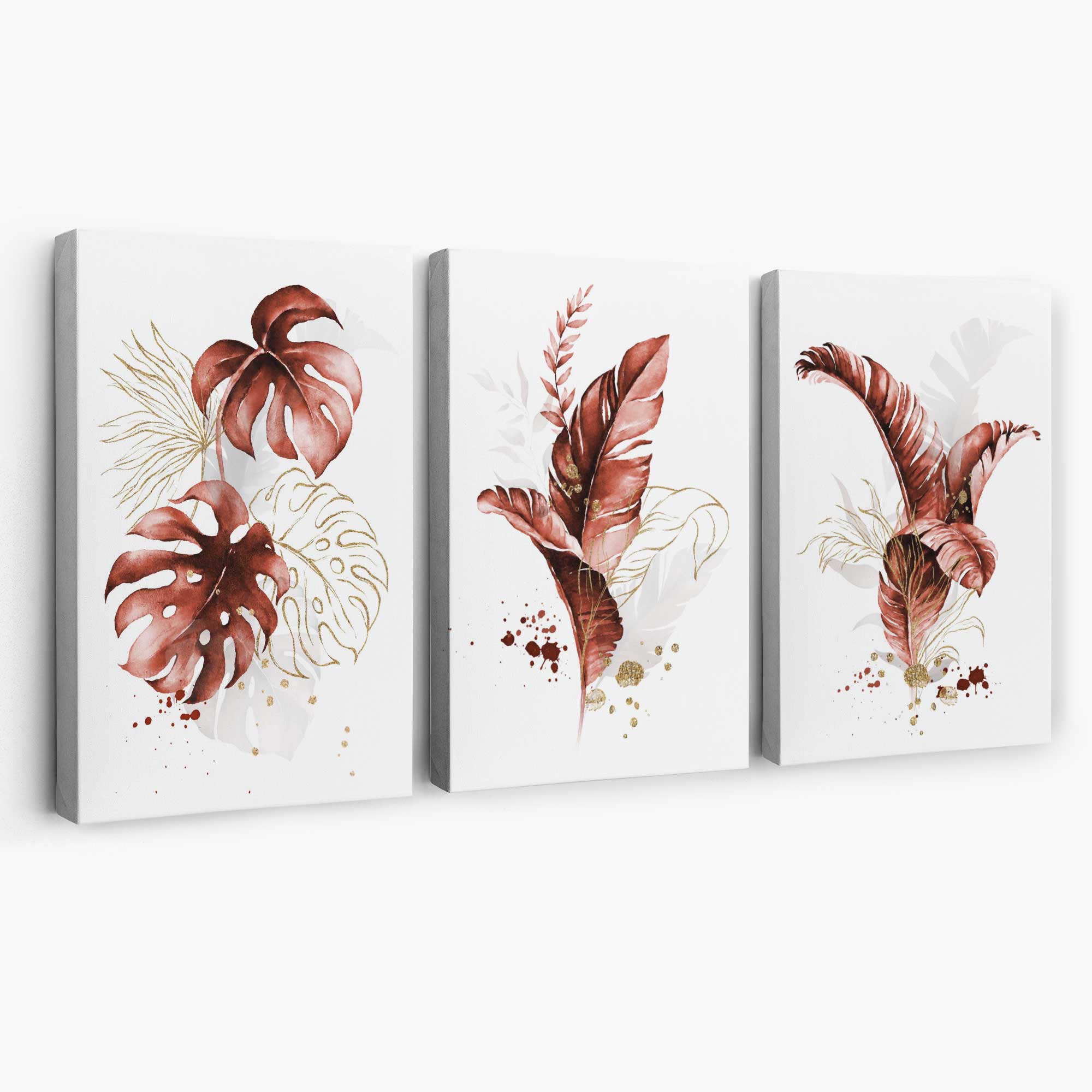 Set of 3 Terracotta Tropical Leaves Canvas Art Prints | Artze Wall Art