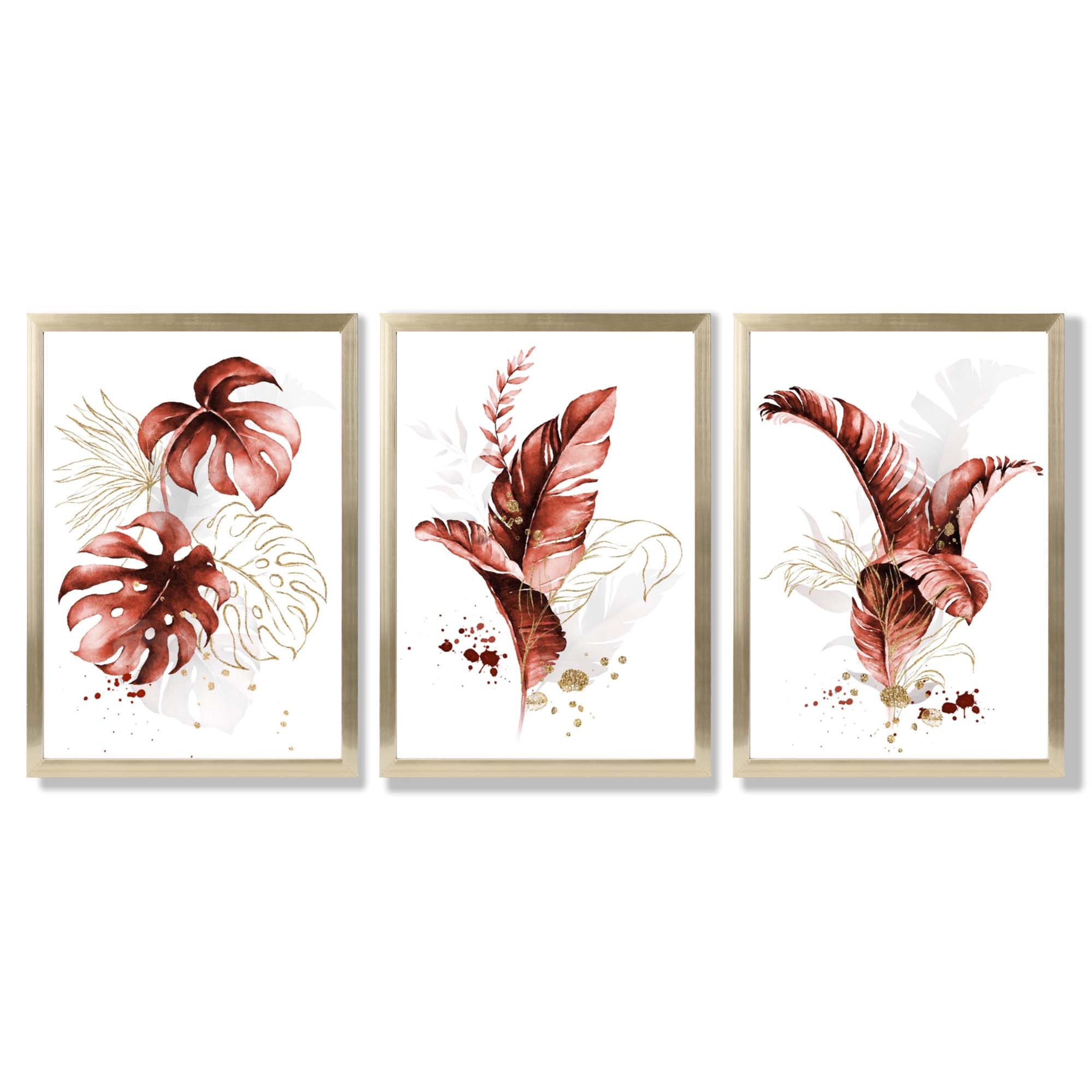 Set of 3 Terracotta Tropical Leaves Framed Art Prints with Gold Wood Frames