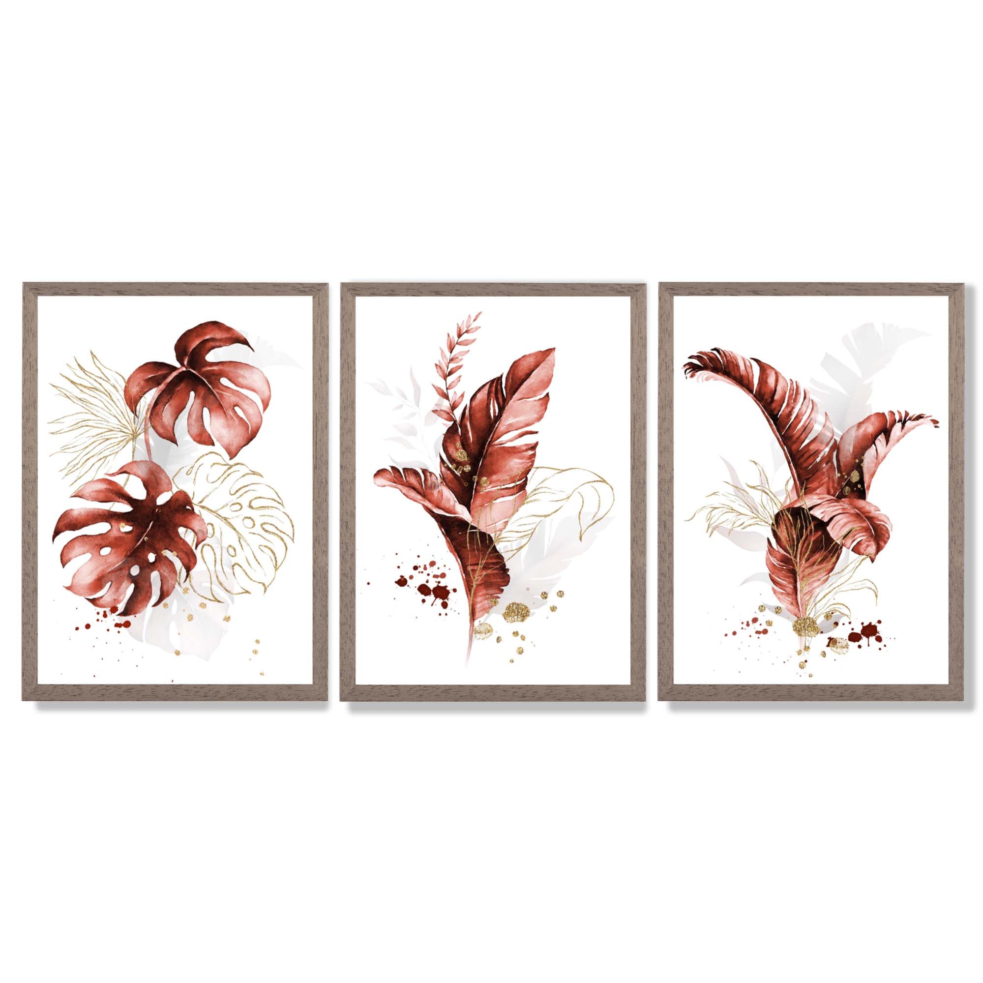 Set of 3 Terracotta Tropical Leaves Framed Art Prints with Light Walnut Frames