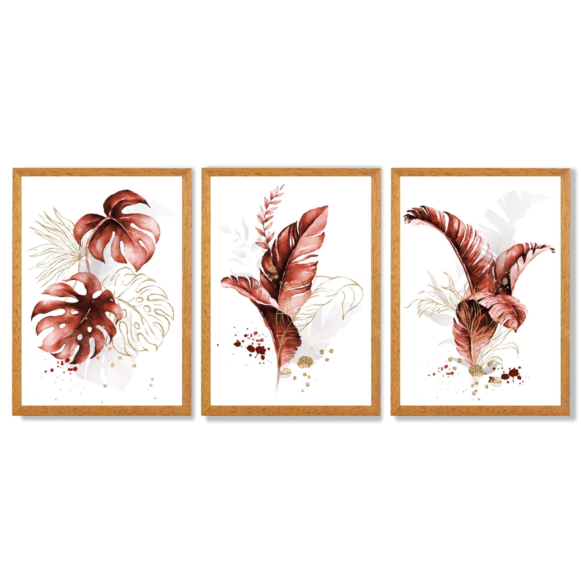Set of 3 Terracotta Tropical Leaves Framed Art Prints with Oak Wooden Frames