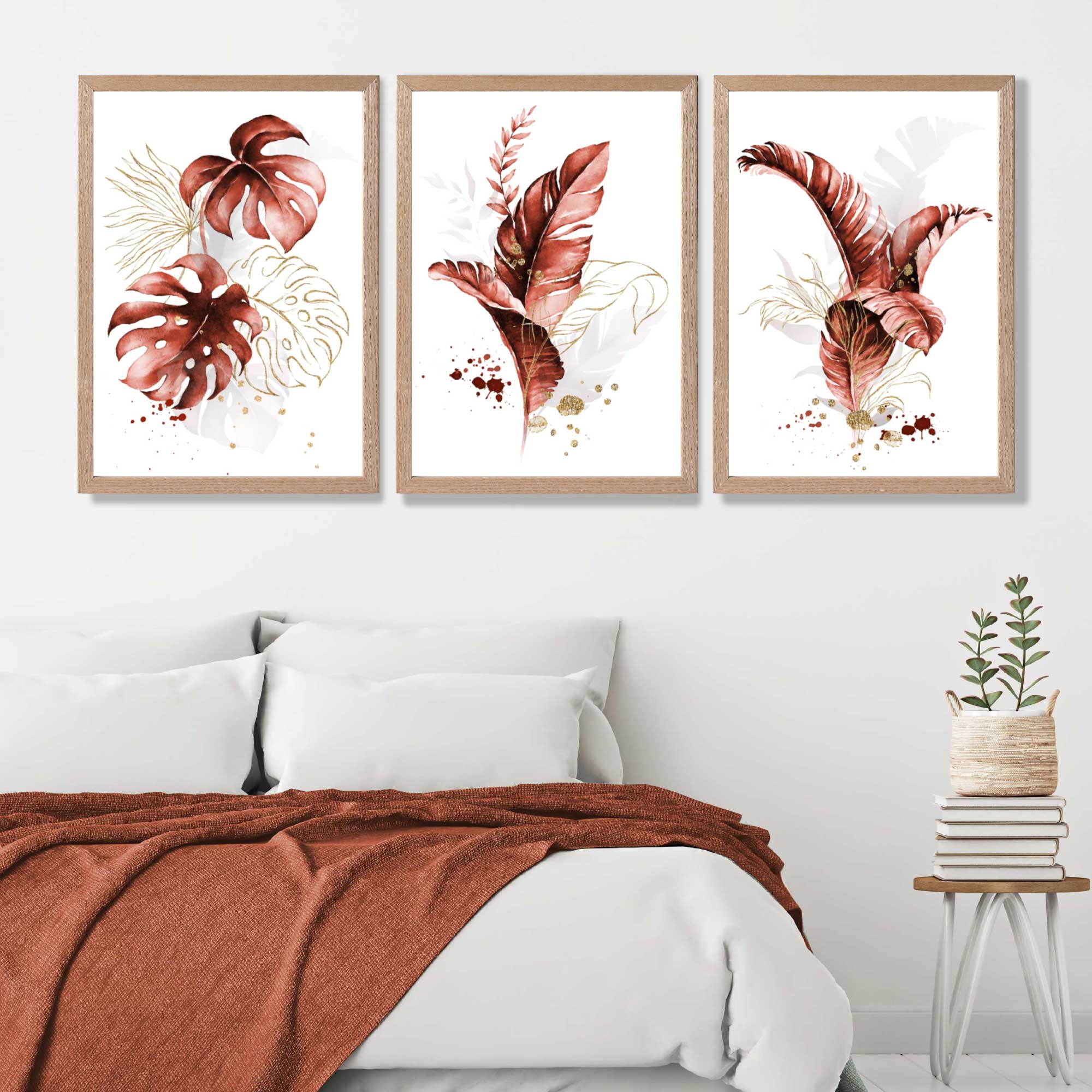 Set of 3 Terracotta Tropical Leaves Art Prints in Oak Frames | Artze UK