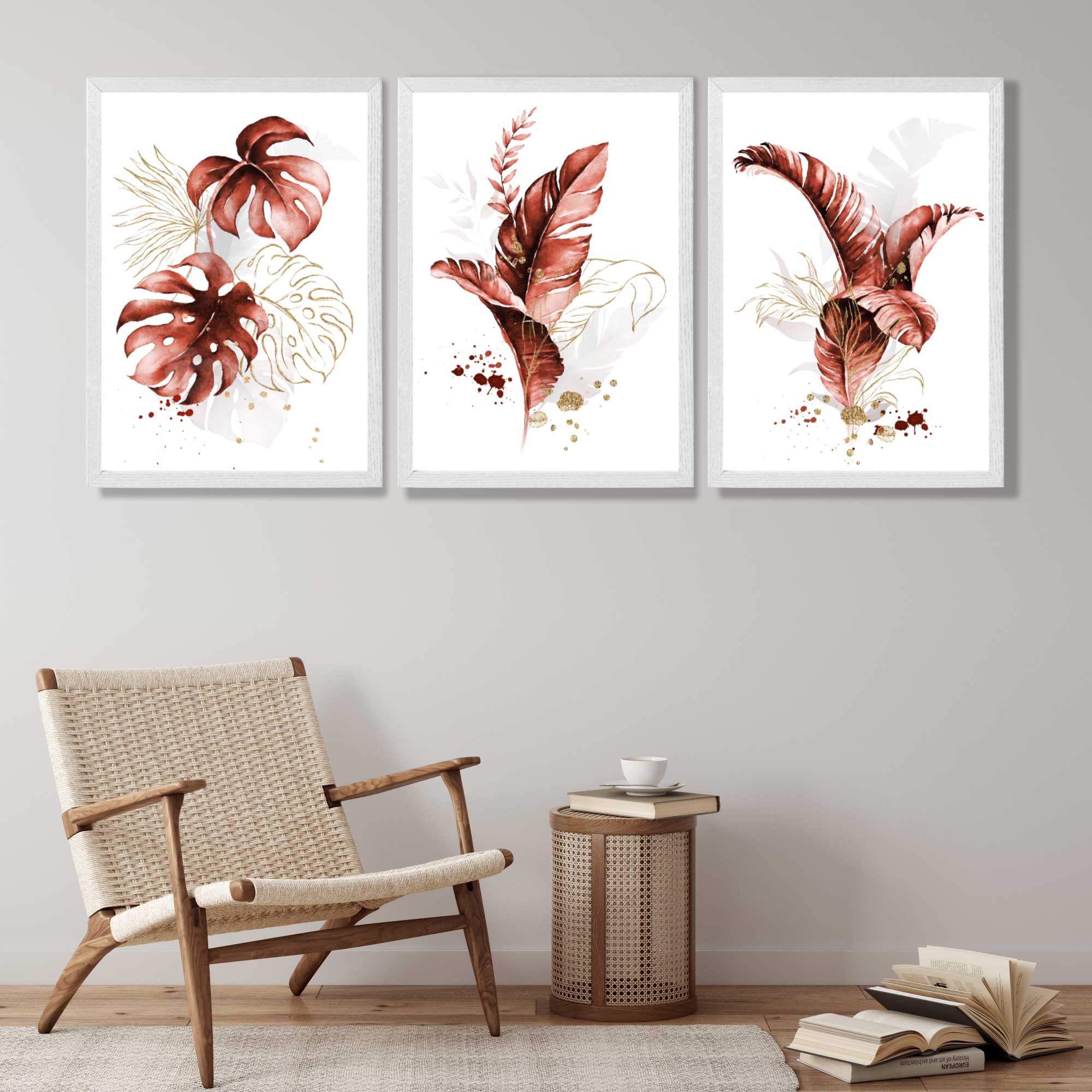 Set of 3 Terracotta Tropical Leaves Art Prints in White Frames | Artze UK
