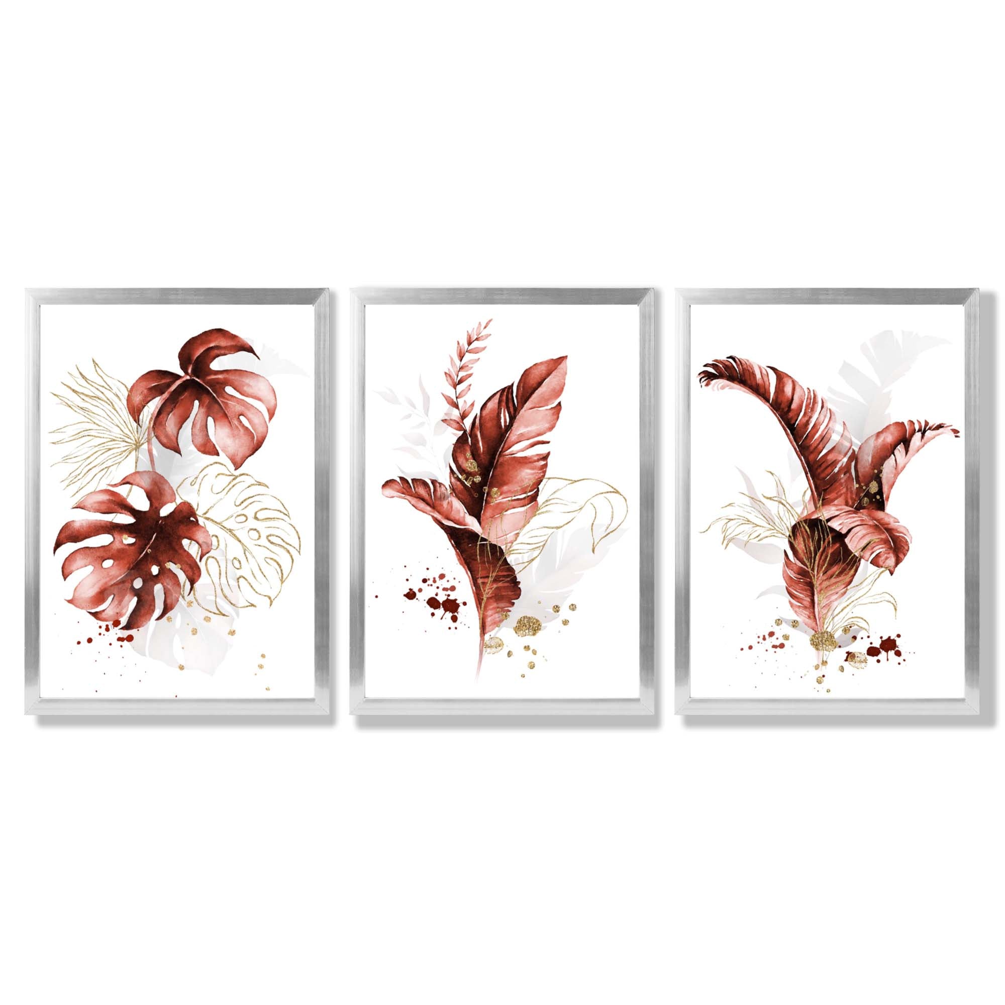 Set of 3 Terracotta Tropical Leaves Framed Art Prints with Silver Wood Frames