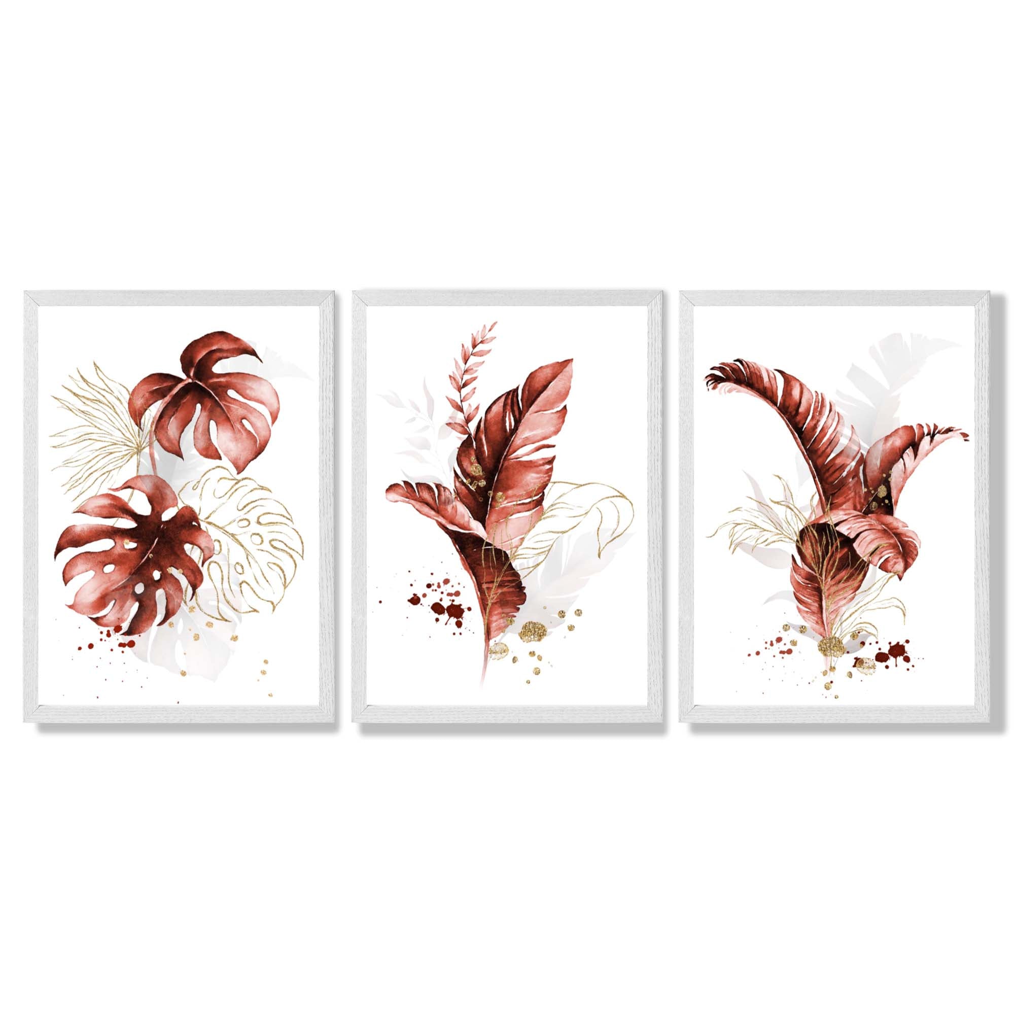 Set of 3 Terracotta Tropical Leaves Framed Art Prints with White Wooden Frames