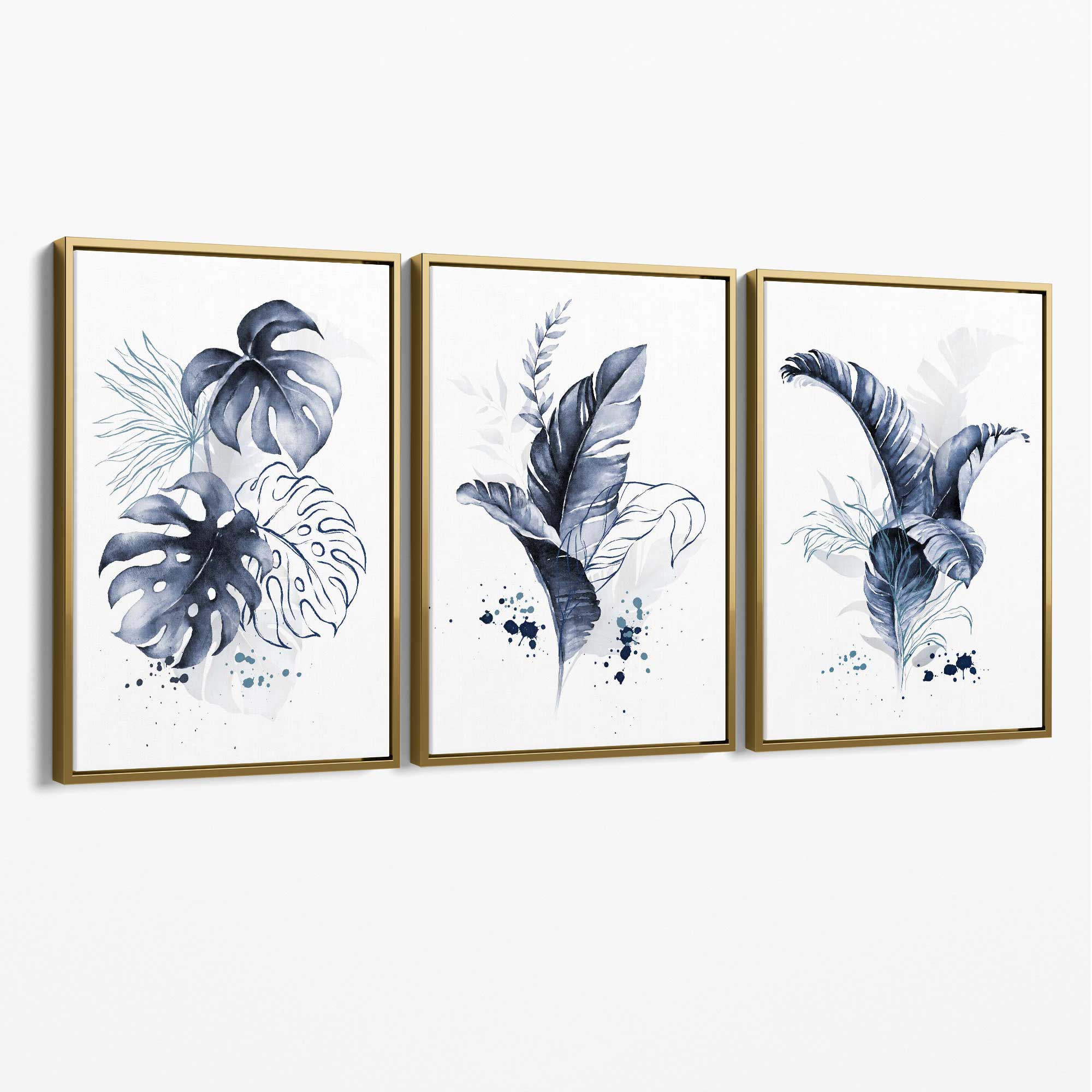 Set of 3 Navy Blue Tropical Leaves Canvas Art Prints with Gold Float Frame