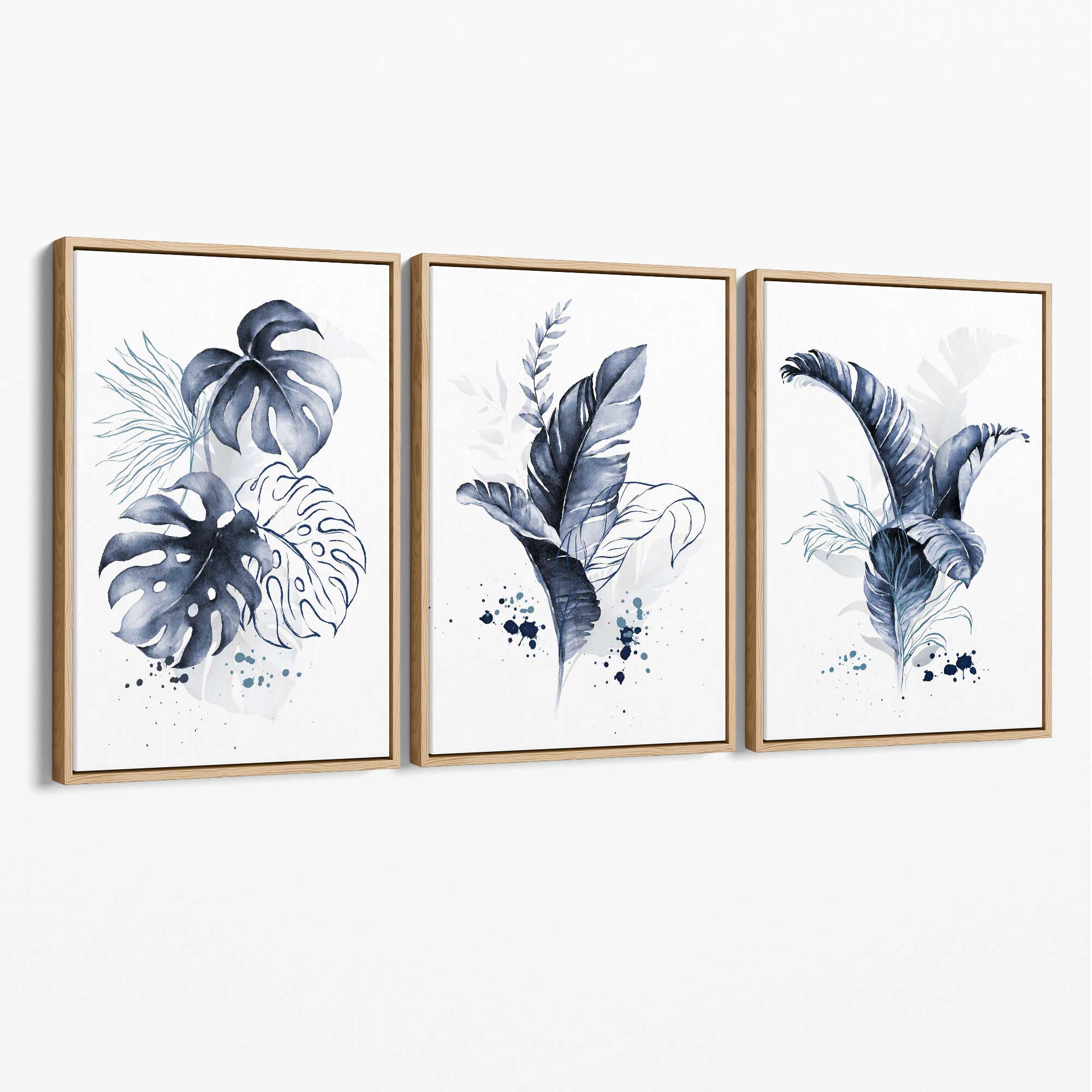 Set of 3 Navy Blue Tropical Leaves Canvas Art Prints with Oak Float Frame