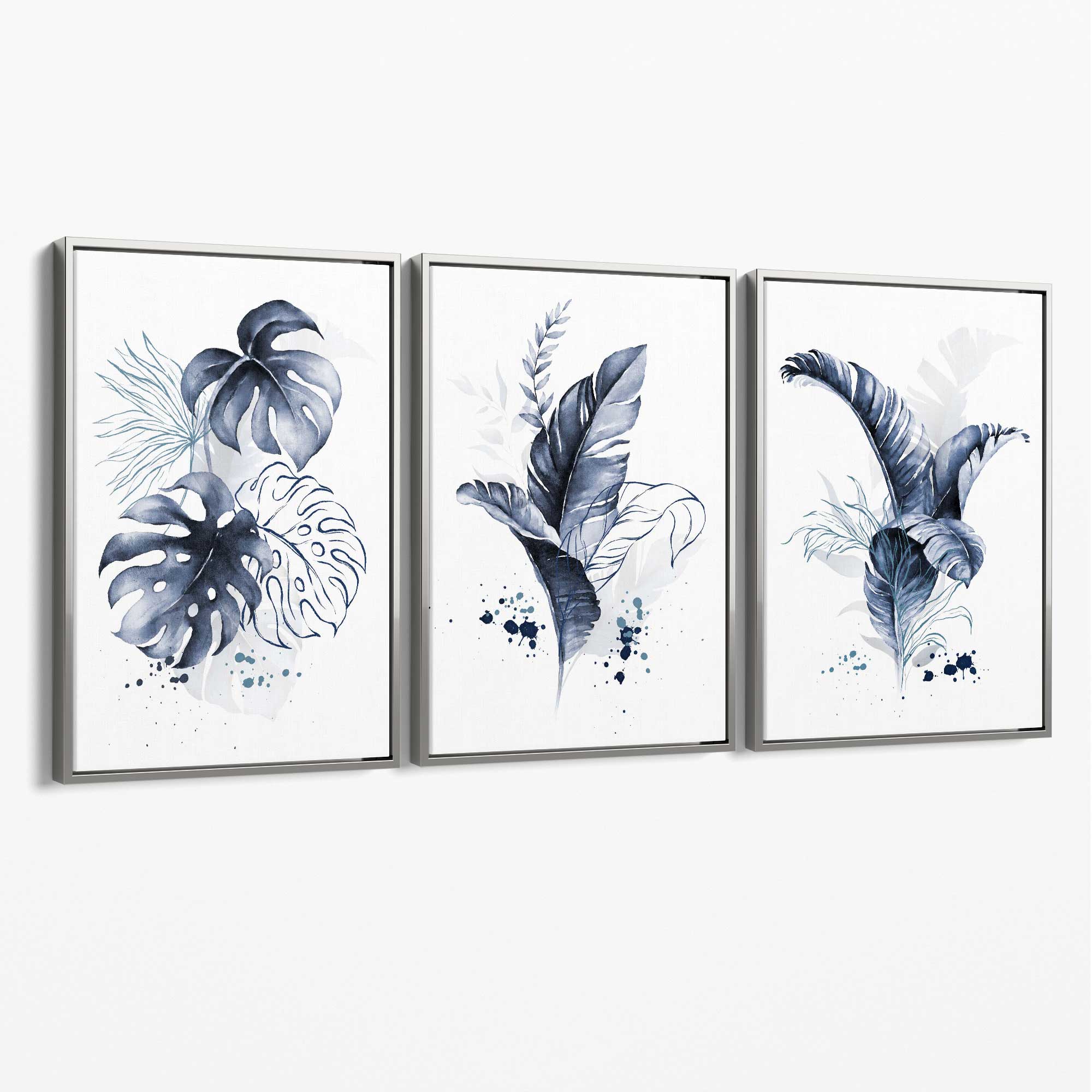 Set of 3 Navy Blue Tropical Leaves Canvas Art Prints with Silver Float Frame