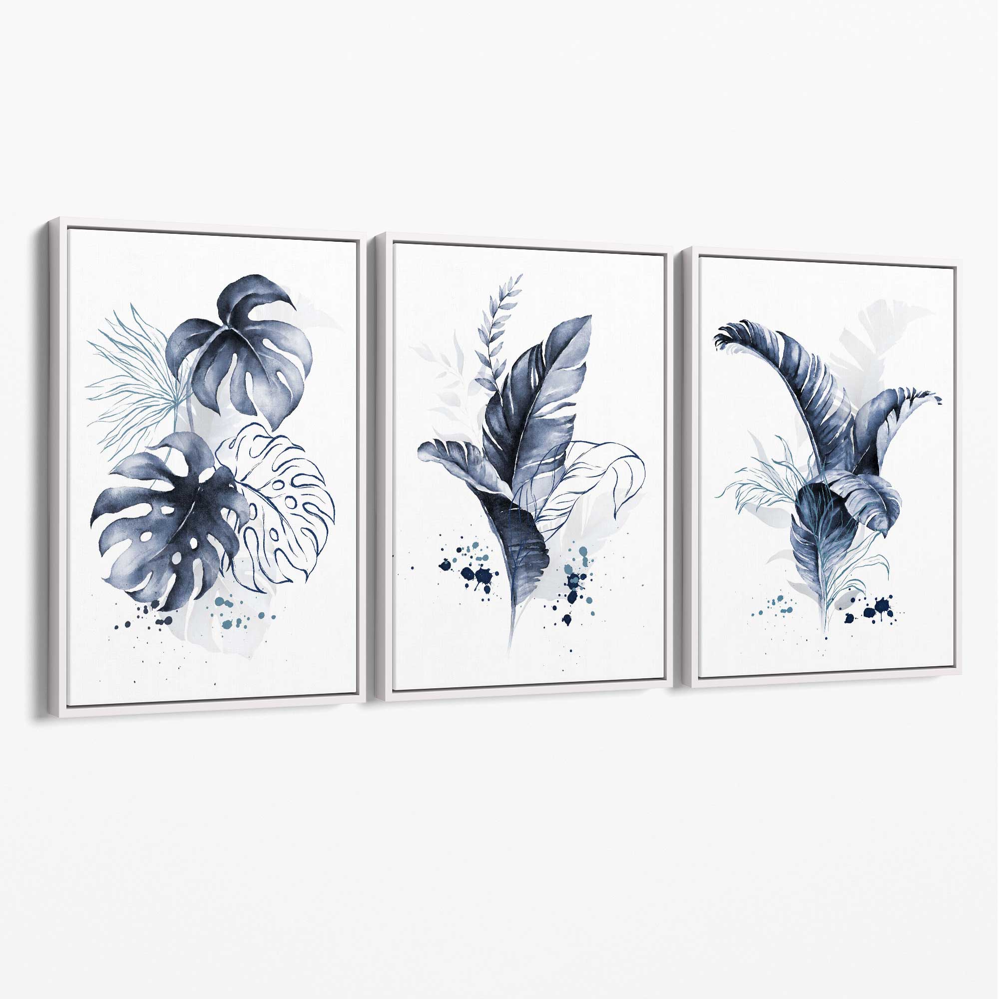 Set of 3 Navy Blue Tropical Leaves Canvas Art Prints with White Float Frame