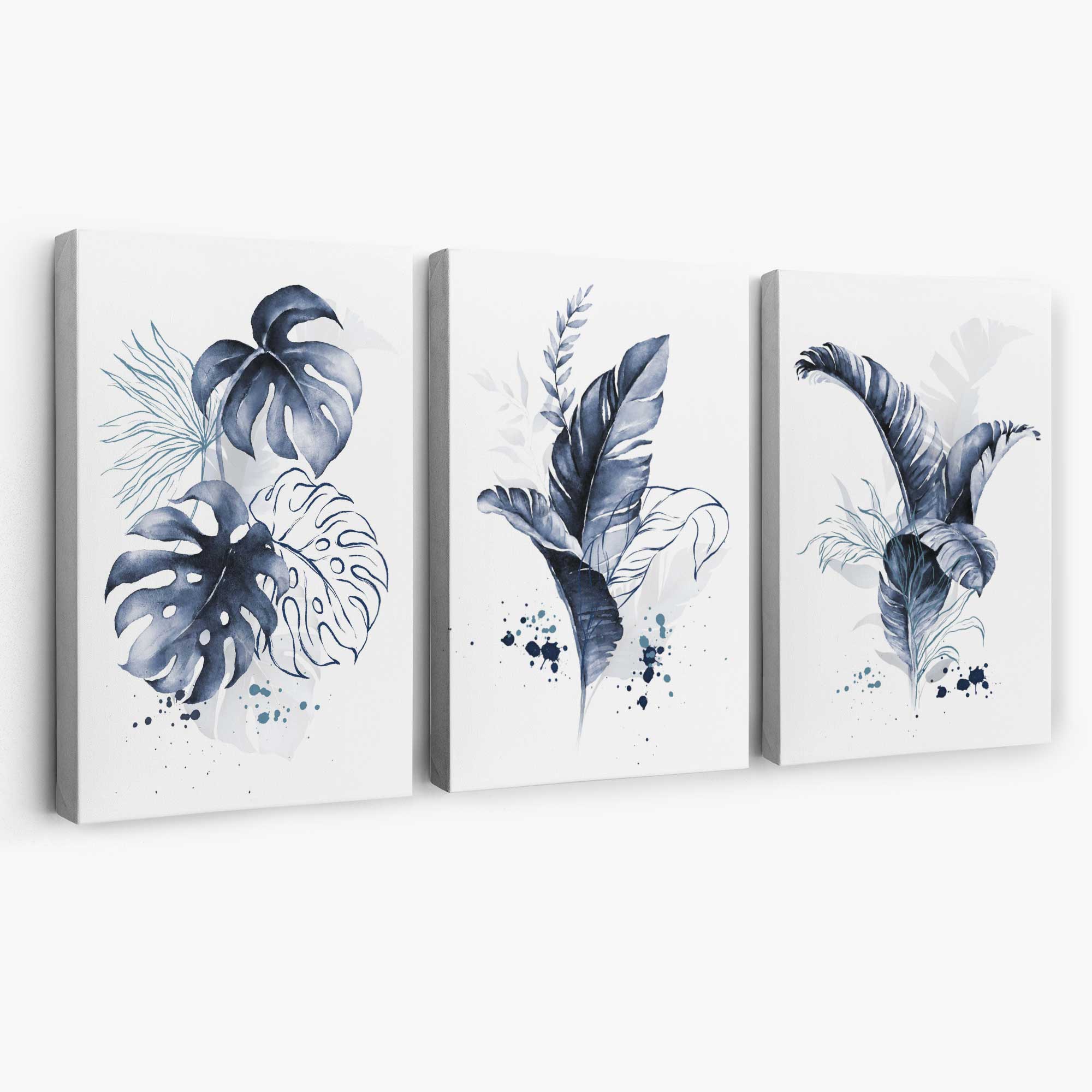 Set of 3 Navy Blue Tropical Leaves Canvas Art Prints | Artze Wall Art