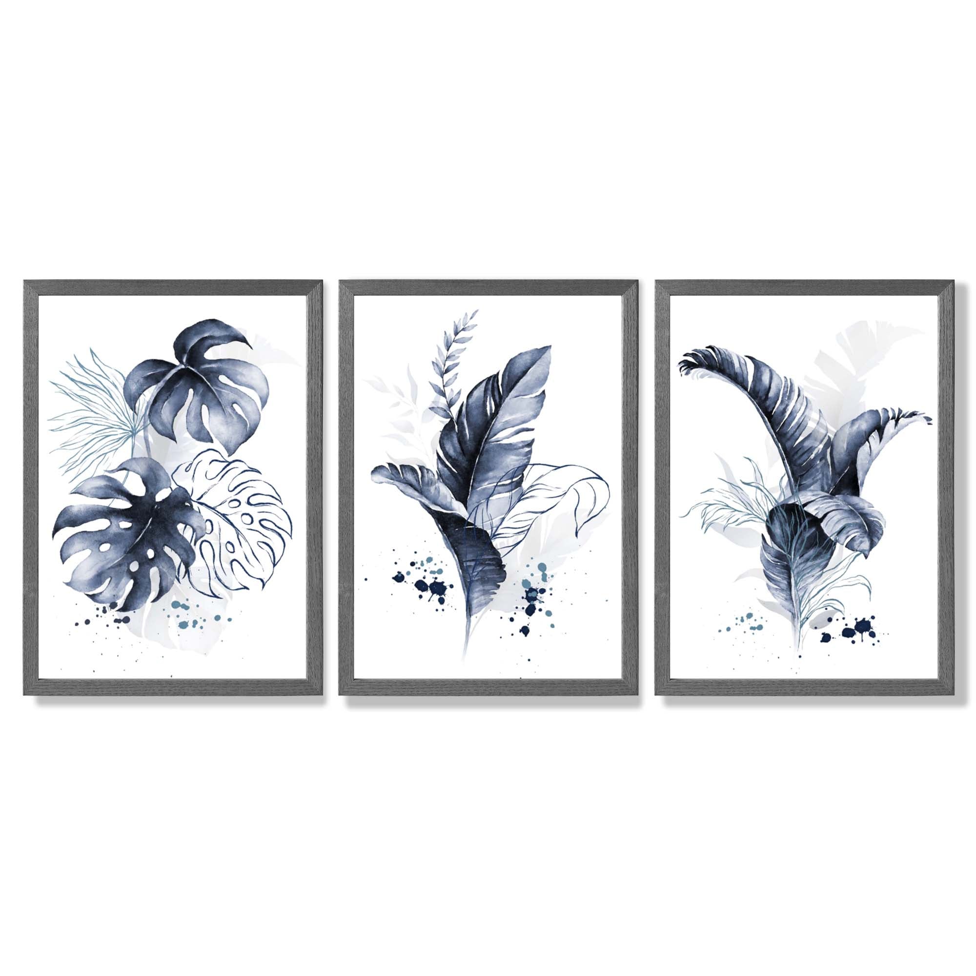 Set of 3 Navy Blue Tropical Leaves Framed Art Prints with Dark Grey Wooden Frames