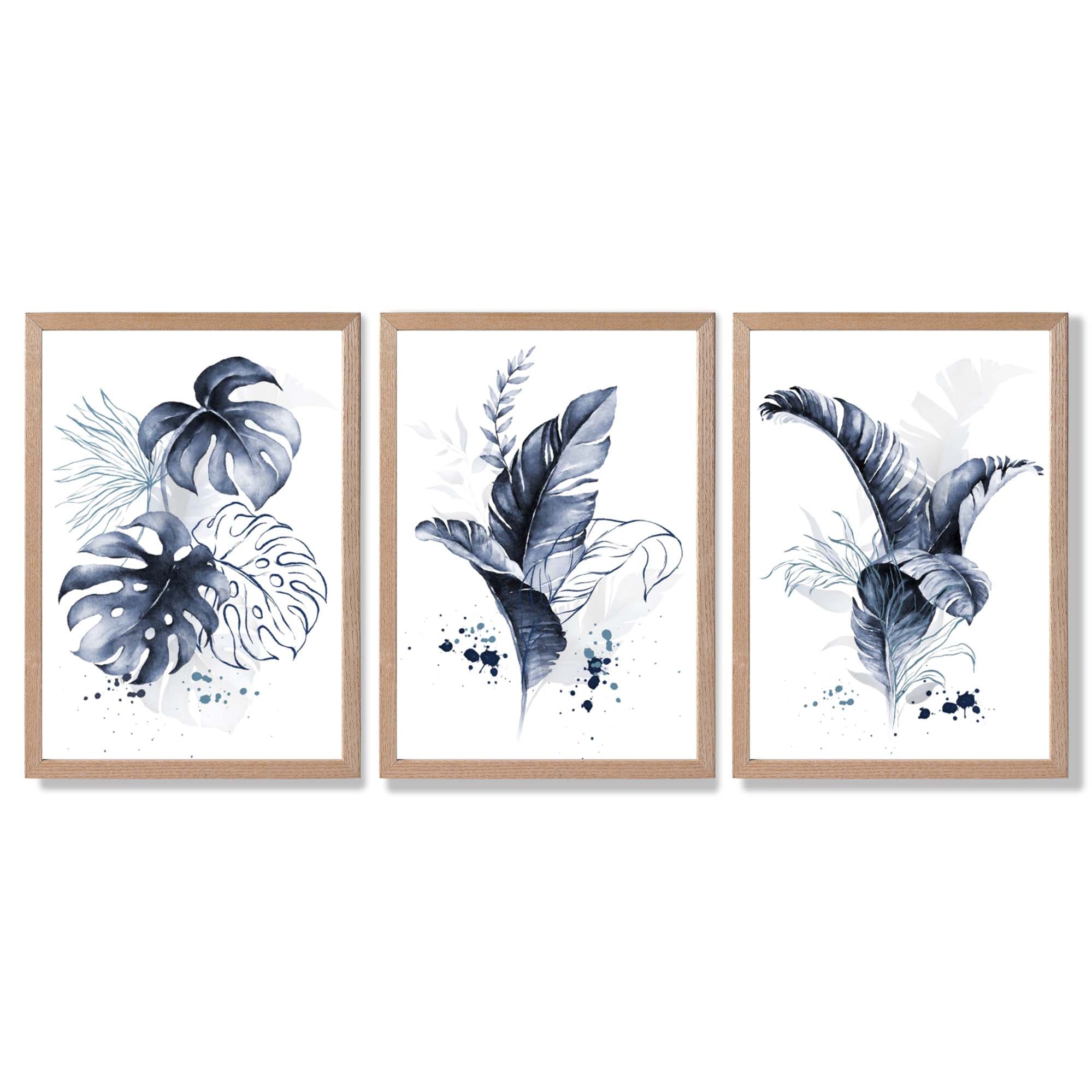 Set of 3 Navy Blue Tropical Leaves Framed Art Prints with Light Oak Frames