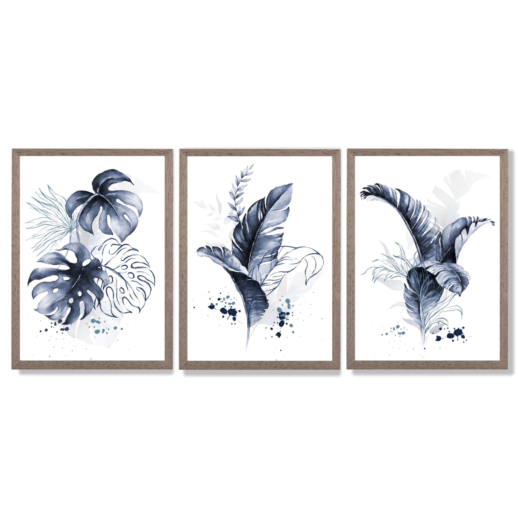 Set of 3 Navy Blue Tropical Leaves Framed Art Prints with Light Walnut Frames