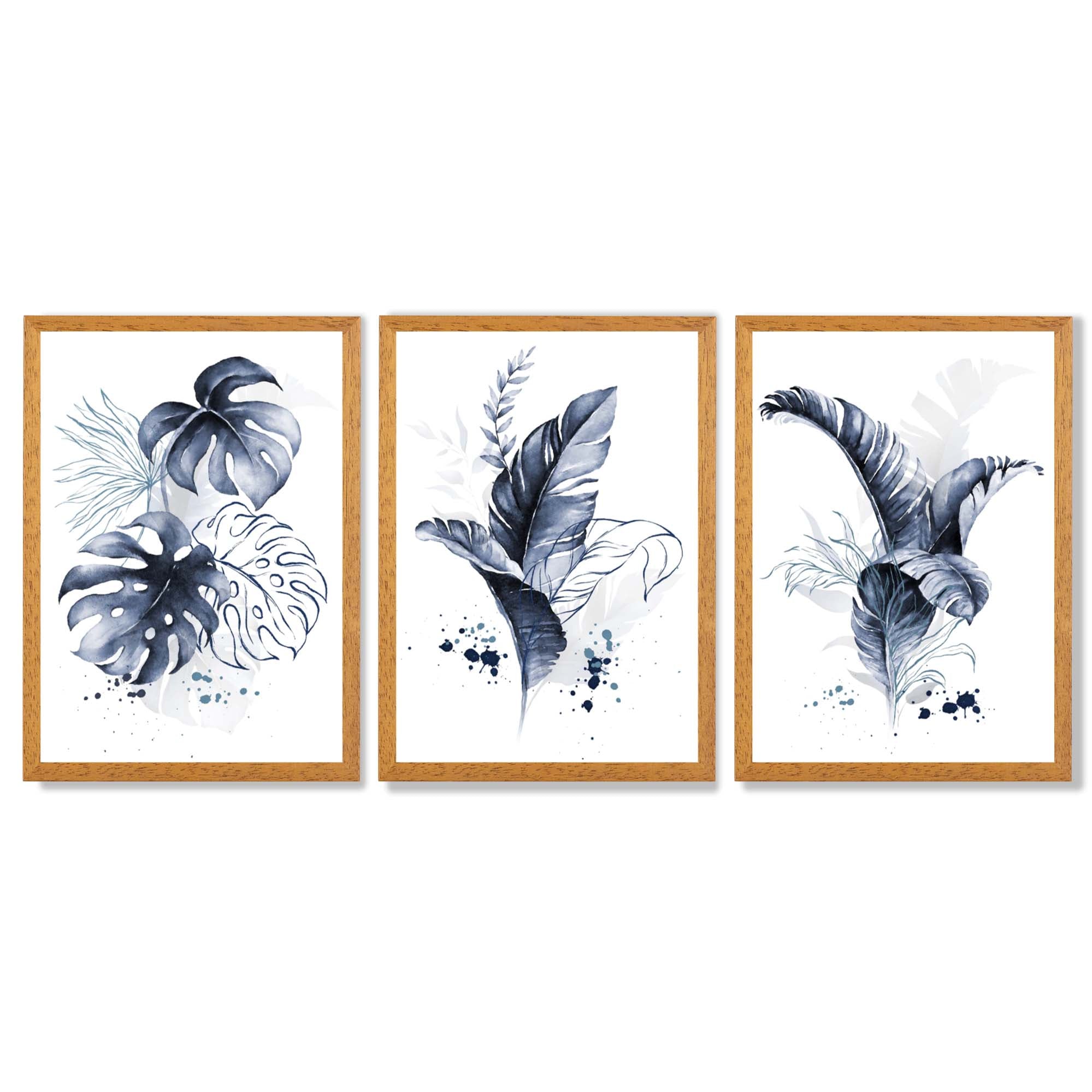 Set of 3 Navy Blue Tropical Leaves Framed Art Prints with Oak Wooden Frames