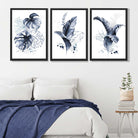 Set of 3 Navy Blue Tropical Leaves Art Prints in Black Frames | Artze UK