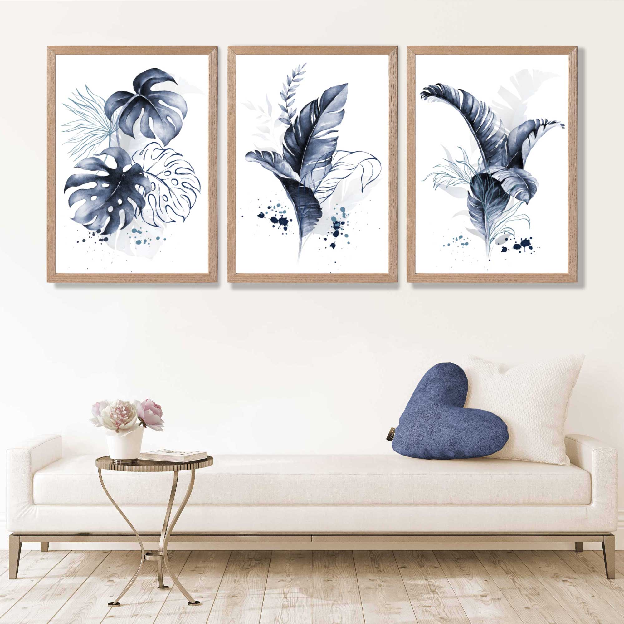Set of 3 Navy Blue Tropical Leaves Art Prints in Oak Frames | Artze UK
