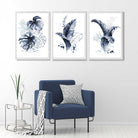Set of 3 Navy Blue Tropical Leaves Art Prints in White Frames | Artze UK