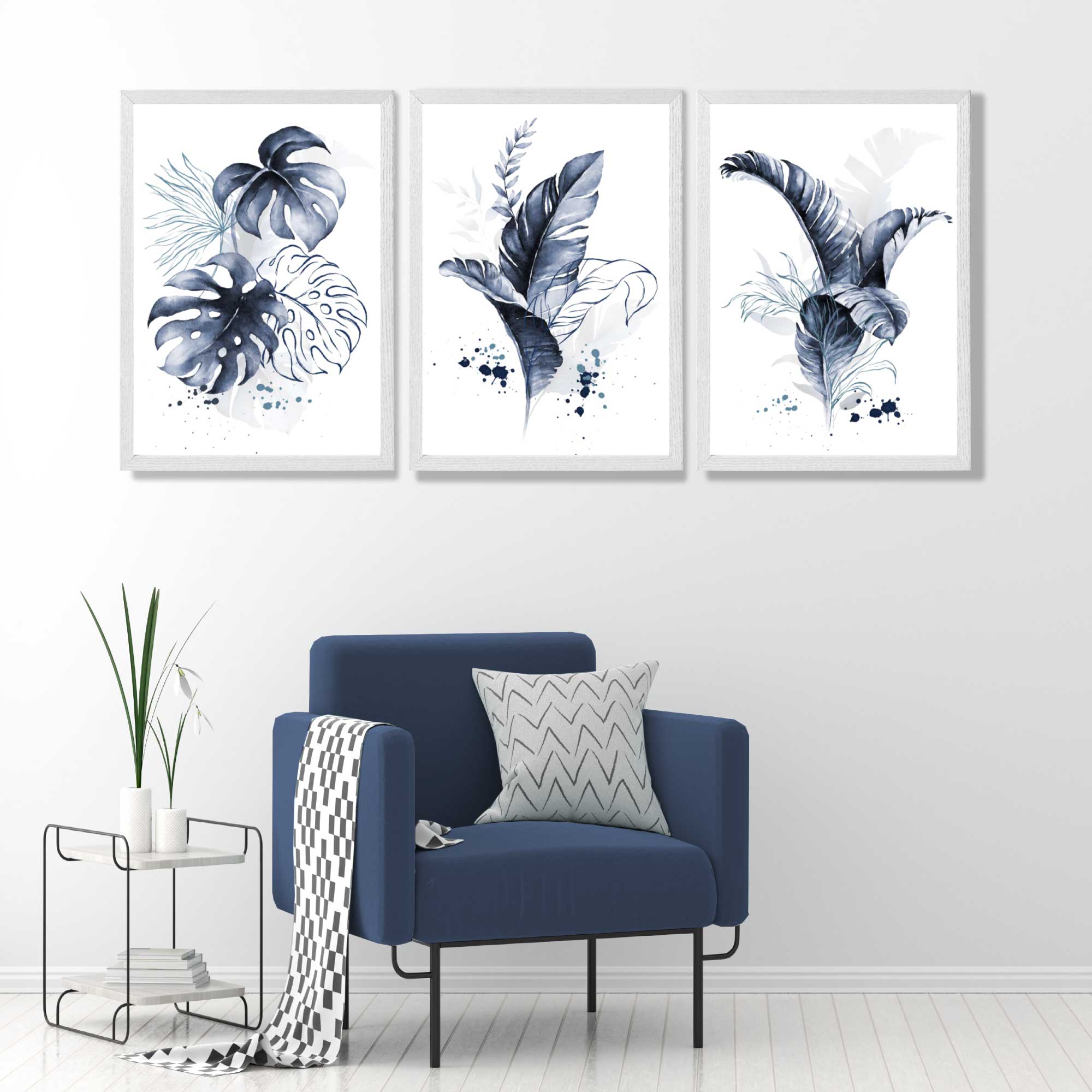 Set of 3 Navy Blue Tropical Leaves Art Prints in White Frames | Artze UK